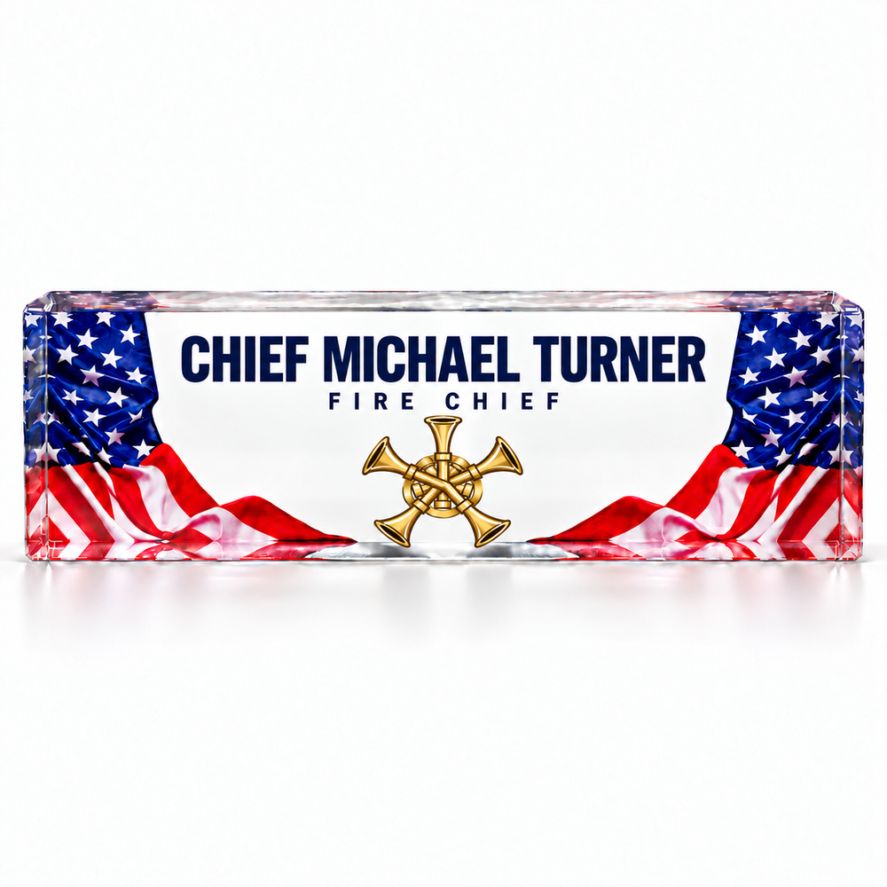 American flag crystal desk name plate for Fire Chief Michael Turner with five gold bugles