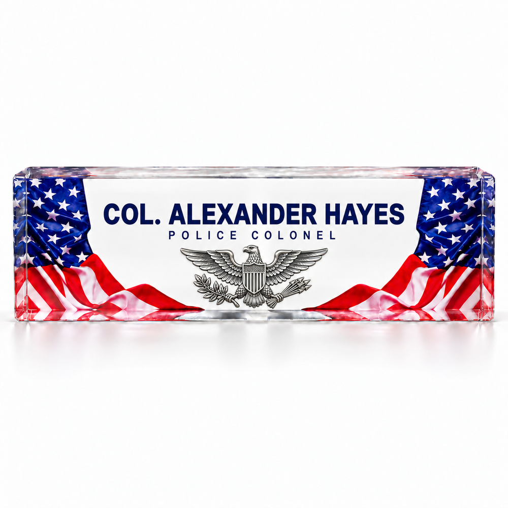 American flag crystal desk name plate for Police Colonel Alexander Hayes with silver colonel eagle rank insignia