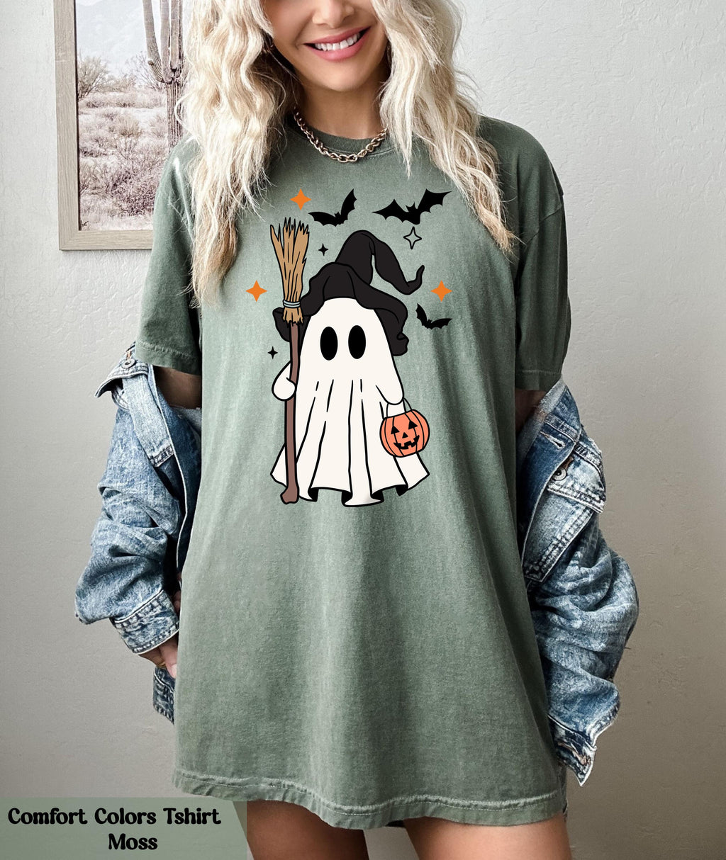 Ghost Halloween Witch Hat Bougie T-Shirt, Cute Ghost with Witch's Broom Shirt, Spooky Season Tee, Halloween Party Tshirt, Fall Ghost Shirt