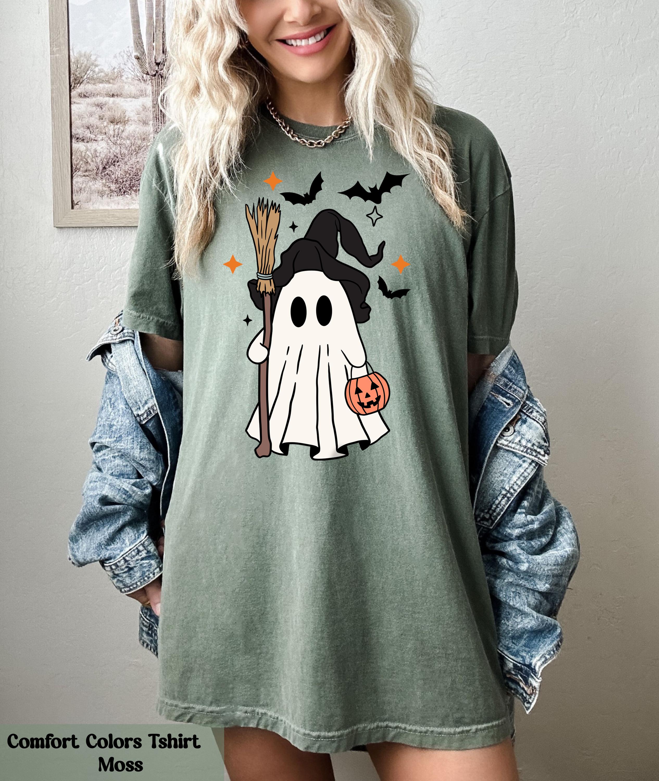 Ghost Halloween Witch Hat Bougie T-Shirt, Cute Ghost with Witch's Broom Shirt, Spooky Season Tee, Halloween Party Tshirt, Fall Ghost Shirt