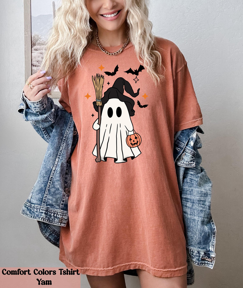 Ghost Halloween Witch Hat Bougie T-Shirt, Cute Ghost with Witch's Broom Shirt, Spooky Season Tee, Halloween Party Tshirt, Fall Ghost Shirt