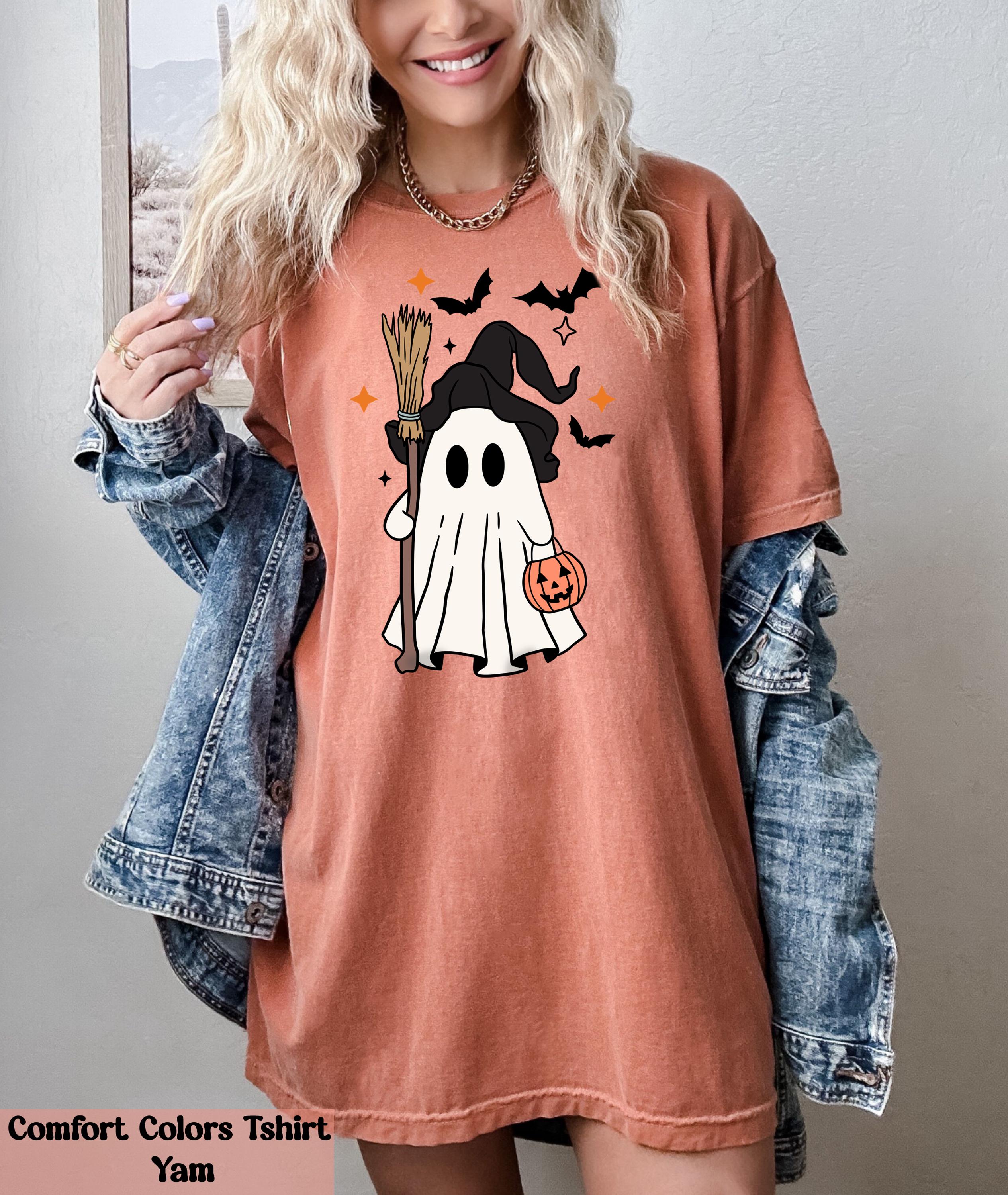 Ghost Halloween Witch Hat Bougie T-Shirt, Cute Ghost with Witch's Broom Shirt, Spooky Season Tee, Halloween Party Tshirt, Fall Ghost Shirt