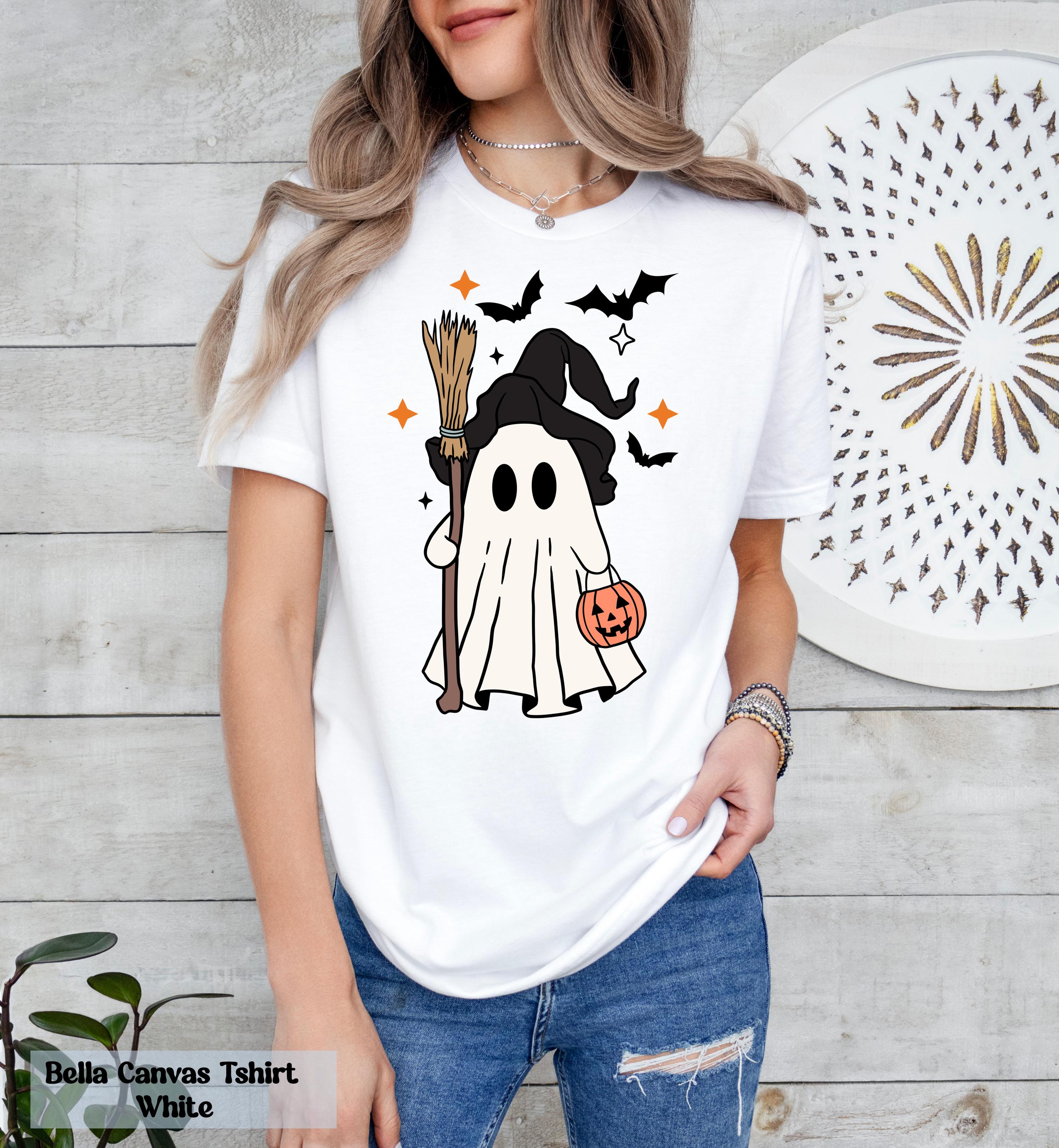 Ghost Halloween Witch Hat Bougie T-Shirt, Cute Ghost with Witch's Broom Shirt, Spooky Season Tee, Halloween Party Tshirt, Fall Ghost Shirt