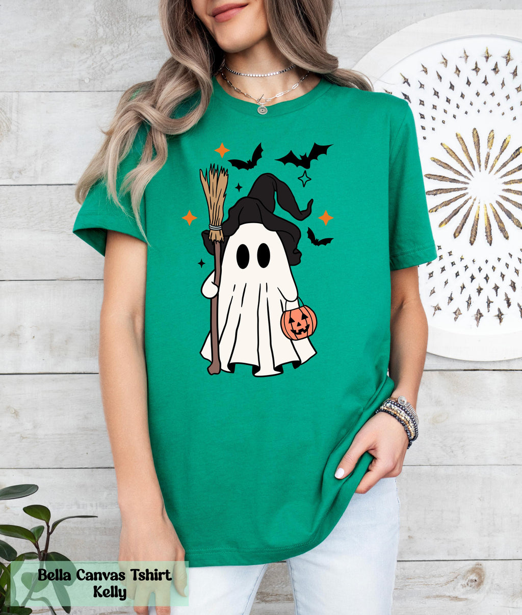 Ghost Halloween Witch Hat Bougie T-Shirt, Cute Ghost with Witch's Broom Shirt, Spooky Season Tee, Halloween Party Tshirt, Fall Ghost Shirt
