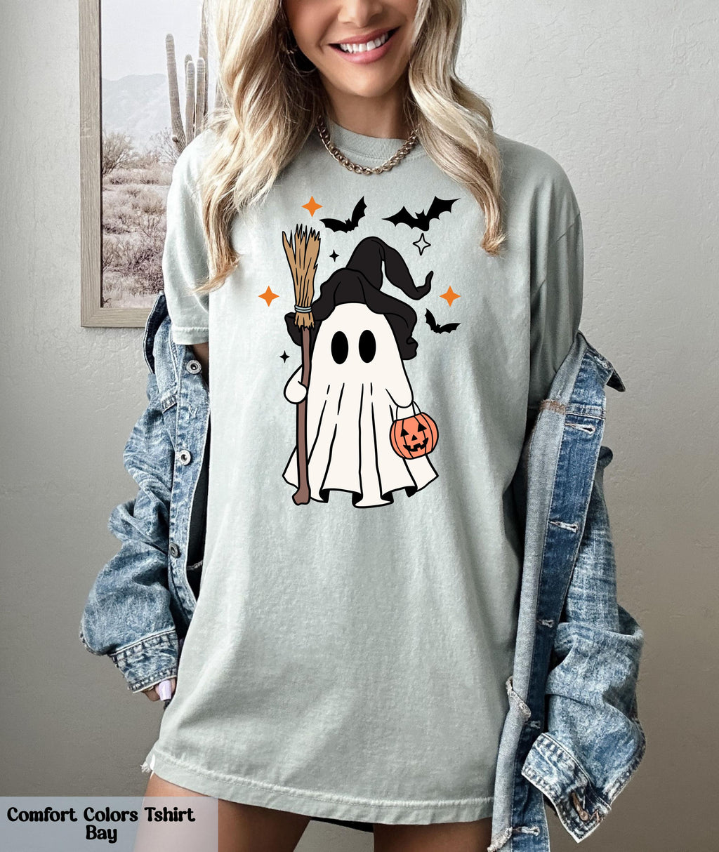Ghost Halloween Witch Hat Bougie T-Shirt, Cute Ghost with Witch's Broom Shirt, Spooky Season Tee, Halloween Party Tshirt, Fall Ghost Shirt