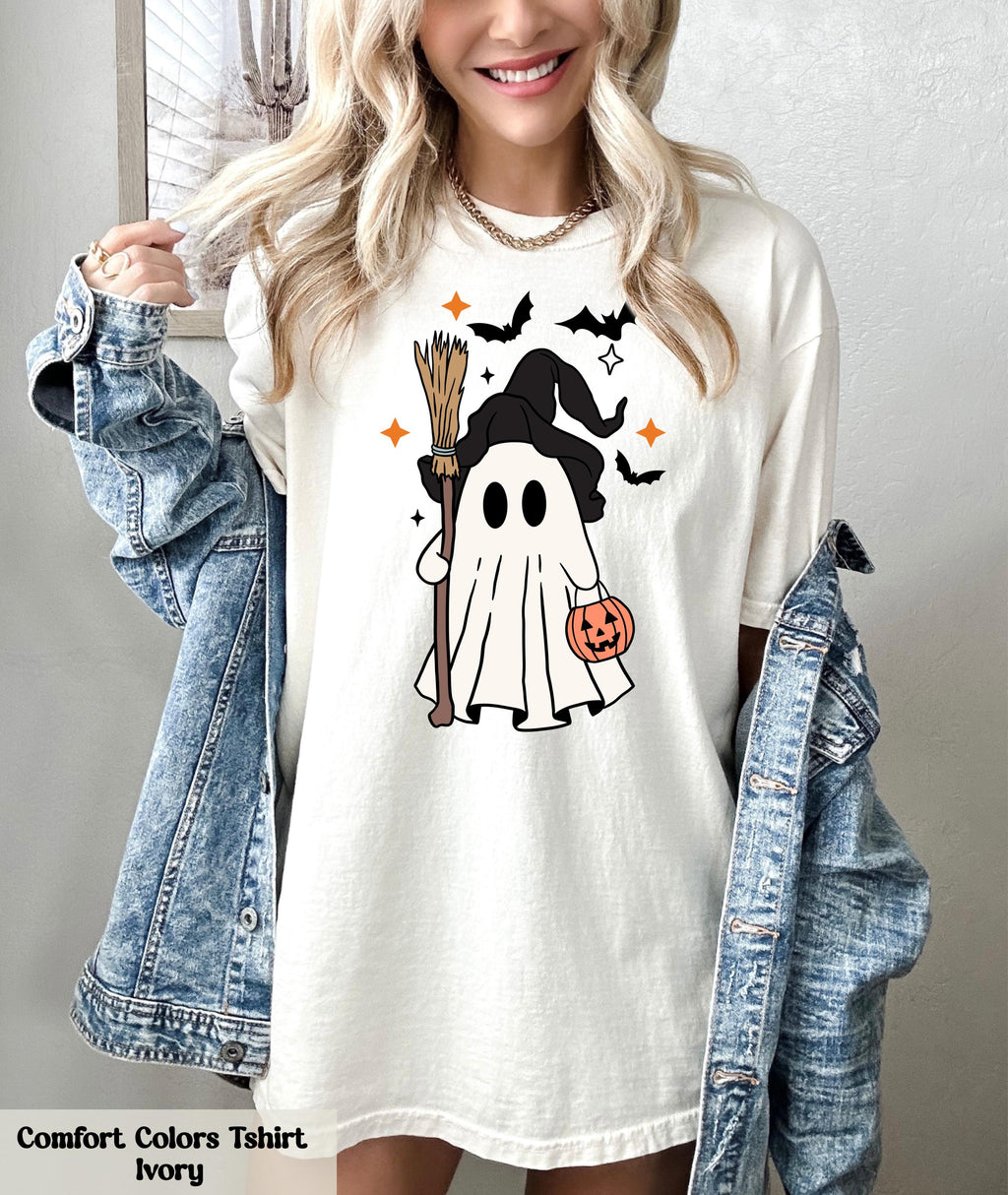 Ghost Halloween Witch Hat Bougie T-Shirt, Cute Ghost with Witch's Broom Shirt, Spooky Season Tee, Halloween Party Tshirt, Fall Ghost Shirt
