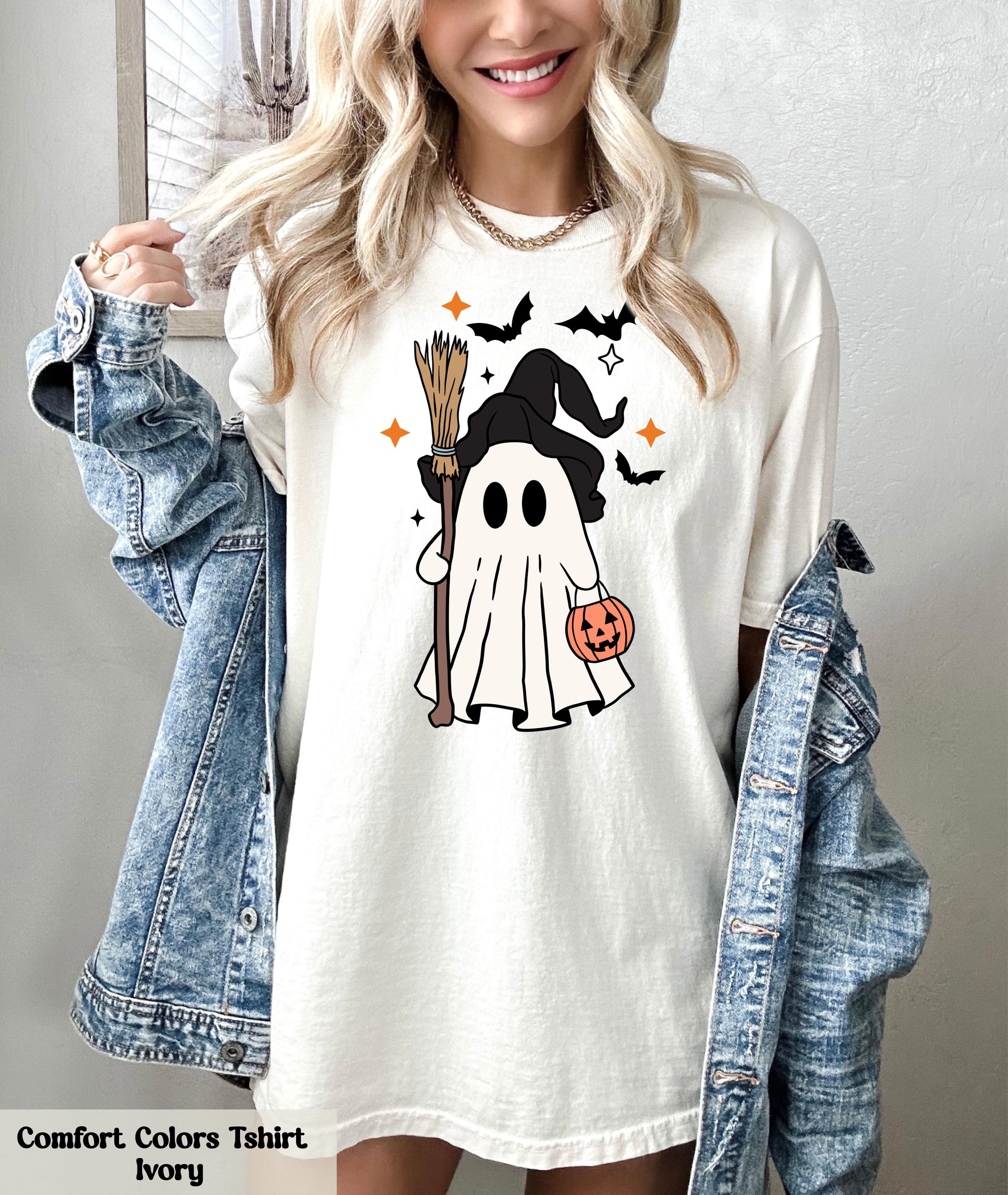 Ghost Halloween Witch Hat Bougie T-Shirt, Cute Ghost with Witch's Broom Shirt, Spooky Season Tee, Halloween Party Tshirt, Fall Ghost Shirt