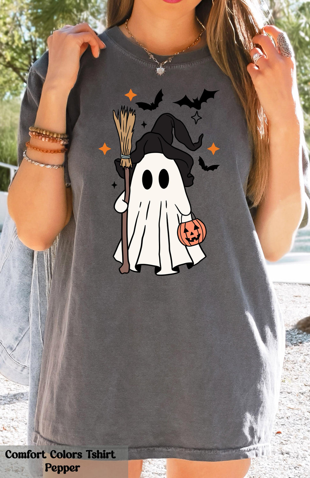 Ghost Halloween Witch Hat Bougie T-Shirt, Cute Ghost with Witch's Broom Shirt, Spooky Season Tee, Halloween Party Tshirt, Fall Ghost Shirt