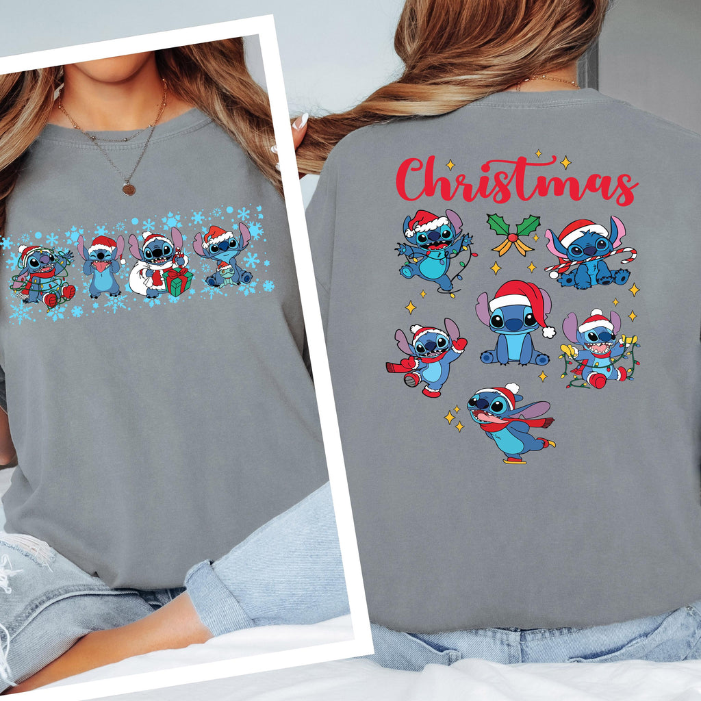 Disney Stitch Christmas Shirt, Disney Santa Stitch Christmas Lights Shirt, Disneyland Family Christmas Trip Gift, Festive Family Xmas Tees
