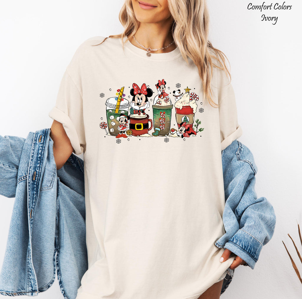 Disney Christmas Coffee Shirt, Christmas Family Matching Tee, Minnie Drinks Christmas Coffee Latte Cup Shirt,Disneyland Christmas Trip Tee