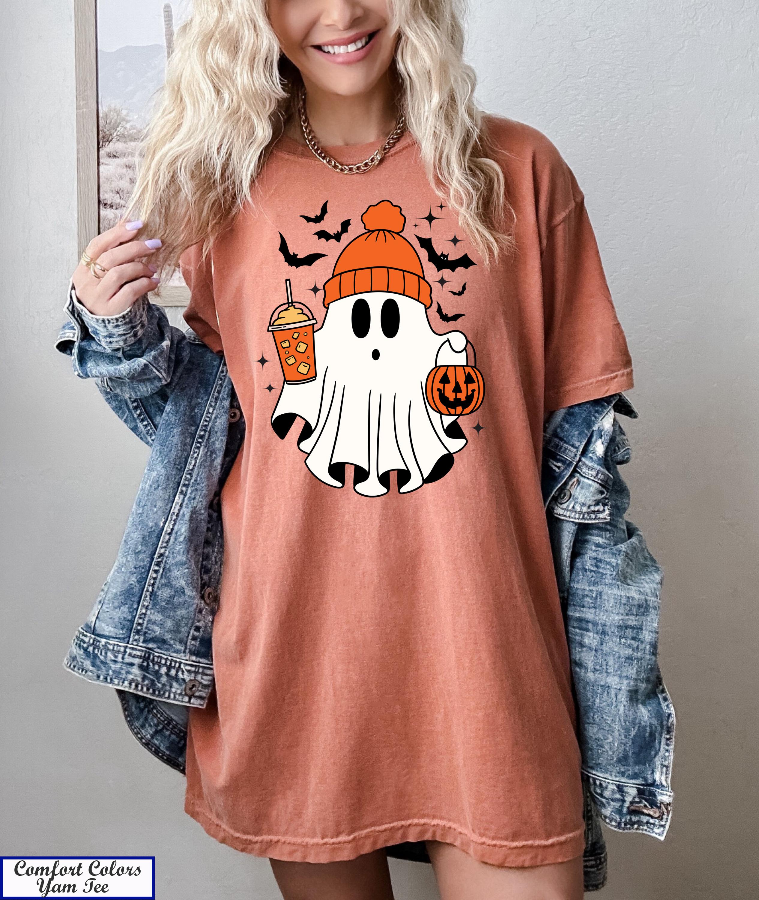 Halloween Ghost Shirt, Cute Ghost Shirt, Fall Shirt, Spooky Season Shirt,Gift For Halloween,Thanksgiving Shirt,Pumpkin Drinking Coffee Tee