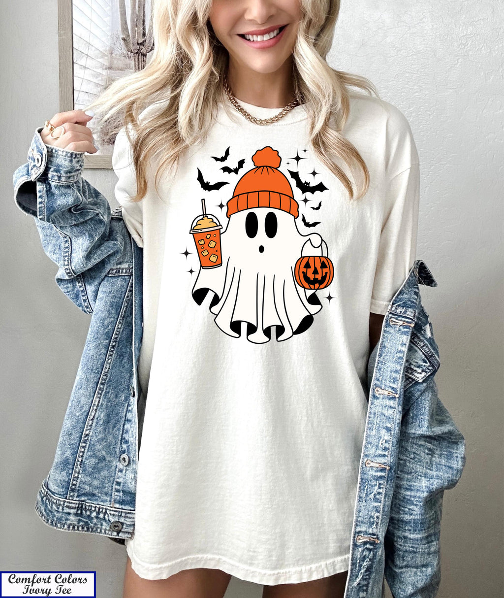 Halloween Ghost Shirt, Cute Ghost Shirt, Fall Shirt, Spooky Season Shirt,Gift For Halloween,Thanksgiving Shirt,Pumpkin Drinking Coffee Tee