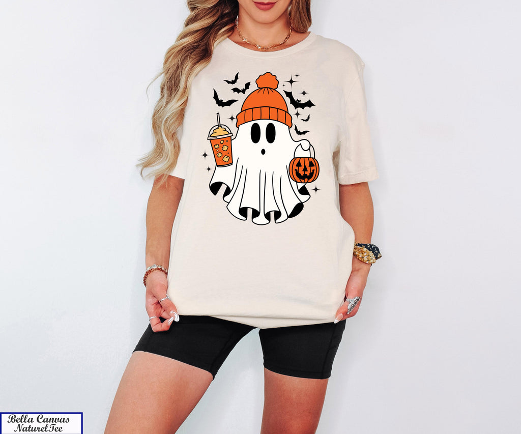 Halloween Ghost Shirt, Cute Ghost Shirt, Fall Shirt, Spooky Season Shirt,Gift For Halloween,Thanksgiving Shirt,Pumpkin Drinking Coffee Tee