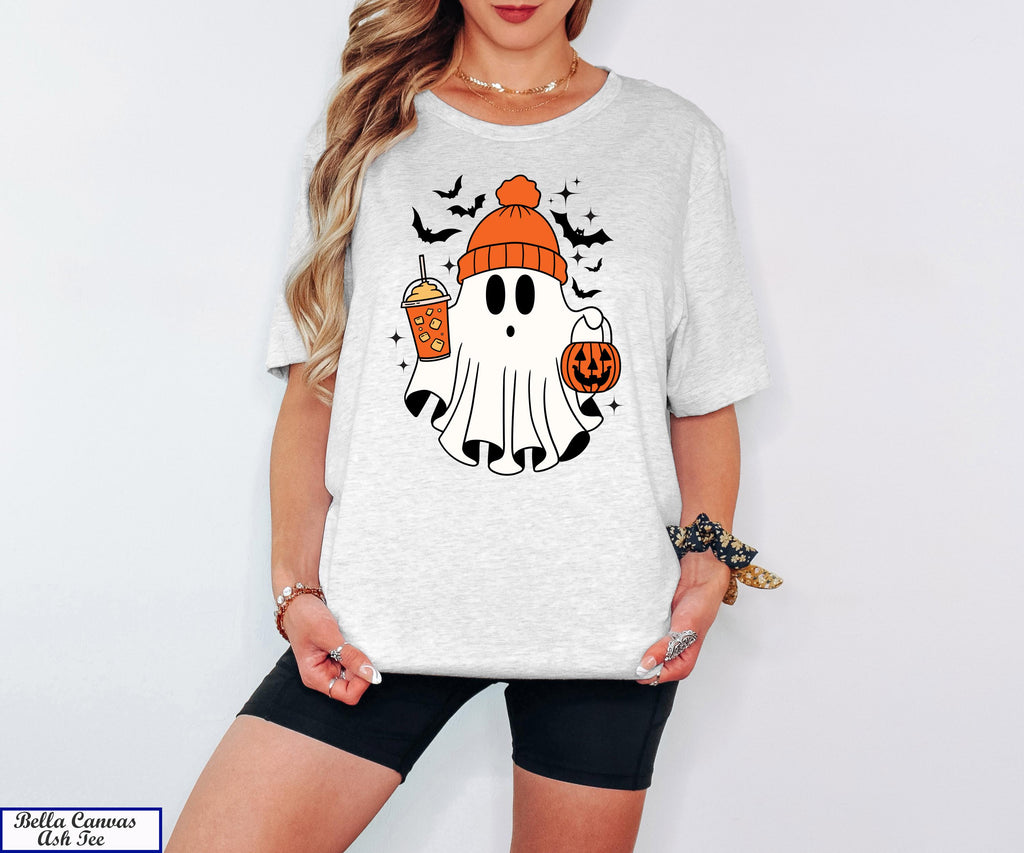 Halloween Ghost Shirt, Cute Ghost Shirt, Fall Shirt, Spooky Season Shirt,Gift For Halloween,Thanksgiving Shirt,Pumpkin Drinking Coffee Tee
