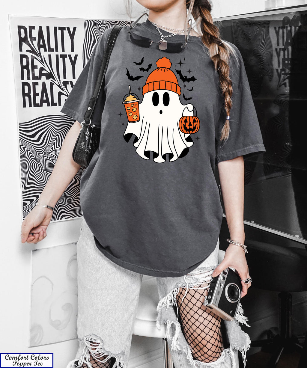 Halloween Ghost Shirt, Cute Ghost Shirt, Fall Shirt, Spooky Season Shirt,Gift For Halloween,Thanksgiving Shirt,Pumpkin Drinking Coffee Tee