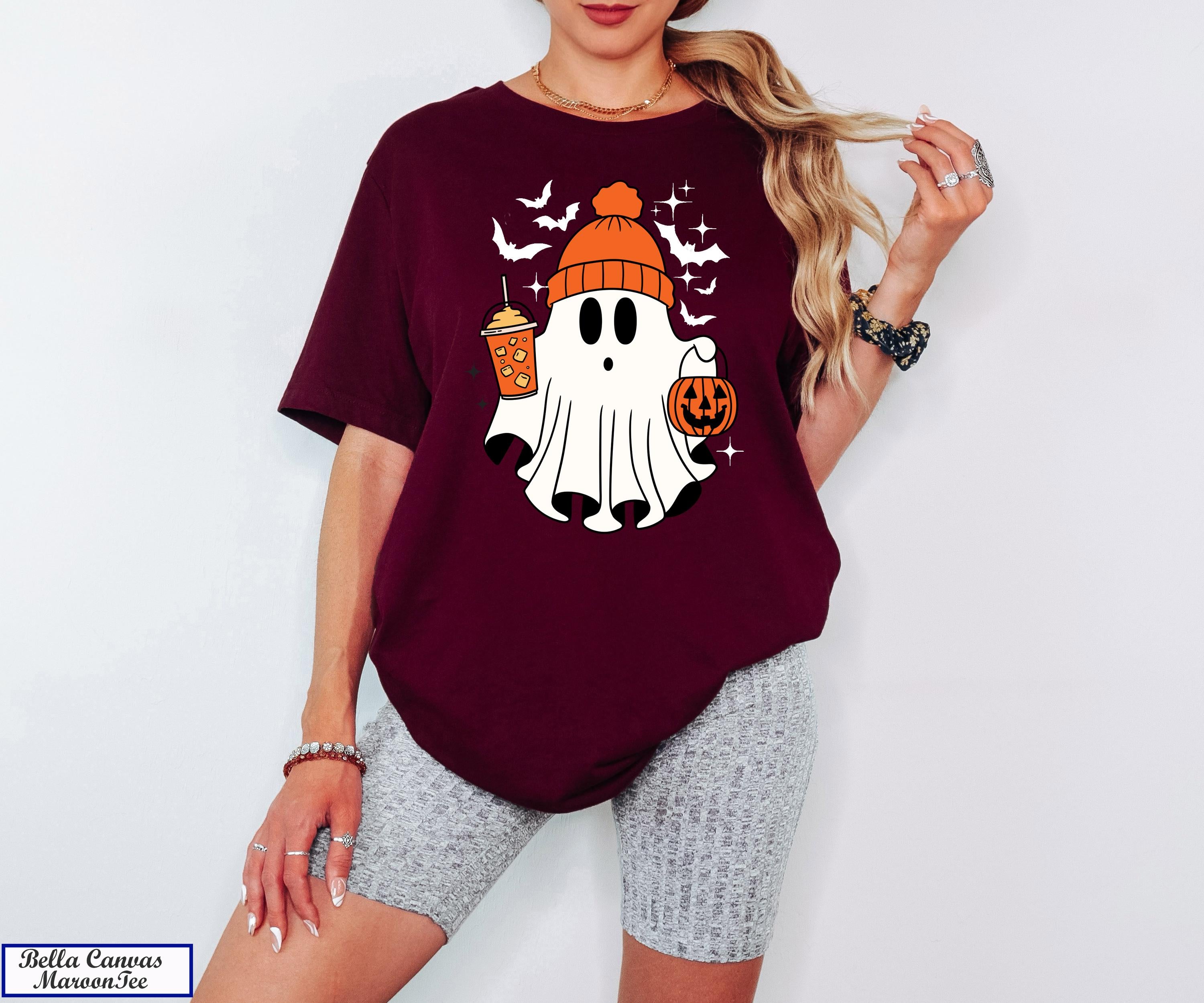 Halloween Ghost Shirt, Cute Ghost Shirt, Fall Shirt, Spooky Season Shirt,Gift For Halloween,Thanksgiving Shirt,Pumpkin Drinking Coffee Tee