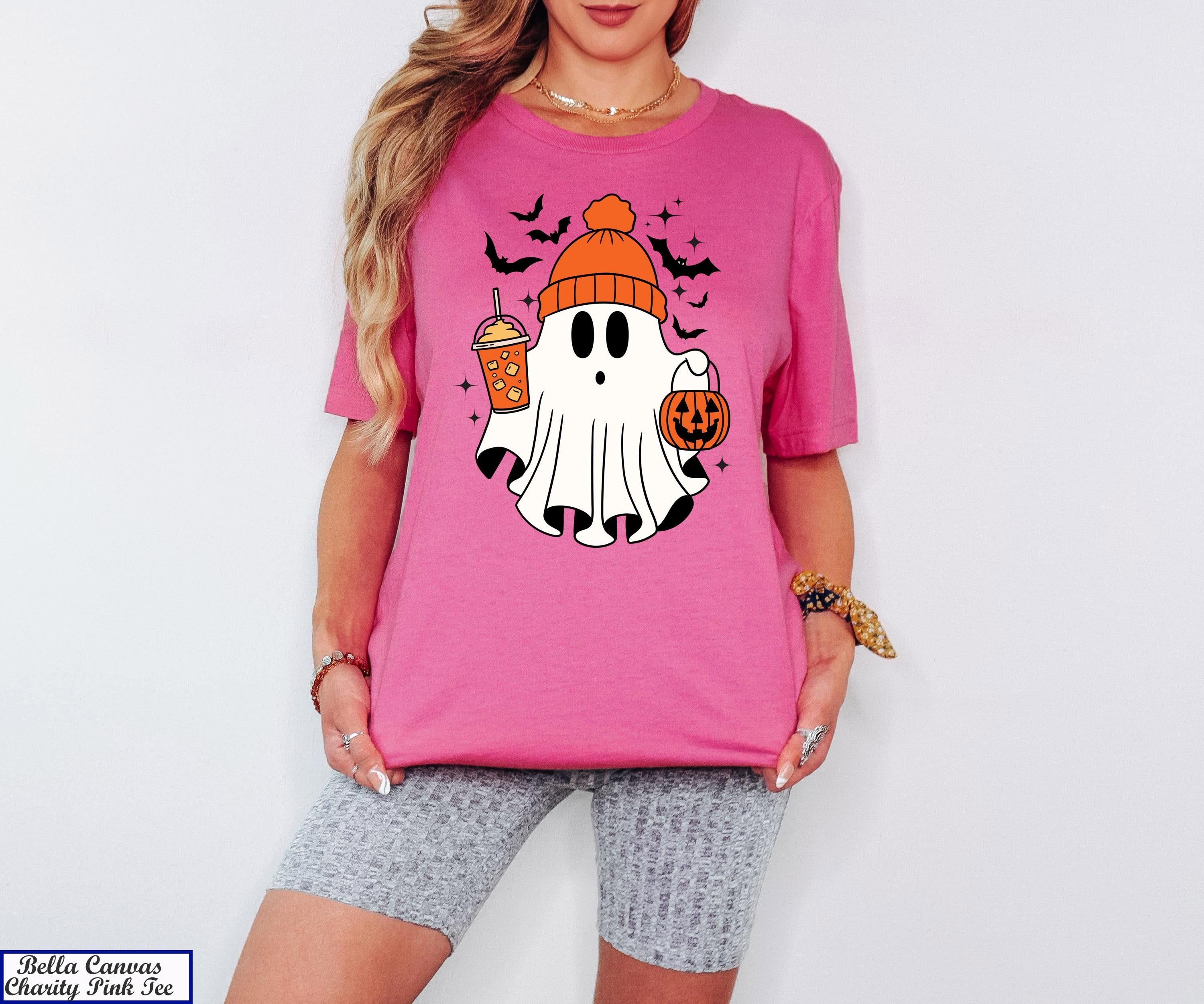 Halloween Ghost Shirt, Cute Ghost Shirt, Fall Shirt, Spooky Season Shirt,Gift For Halloween,Thanksgiving Shirt,Pumpkin Drinking Coffee Tee