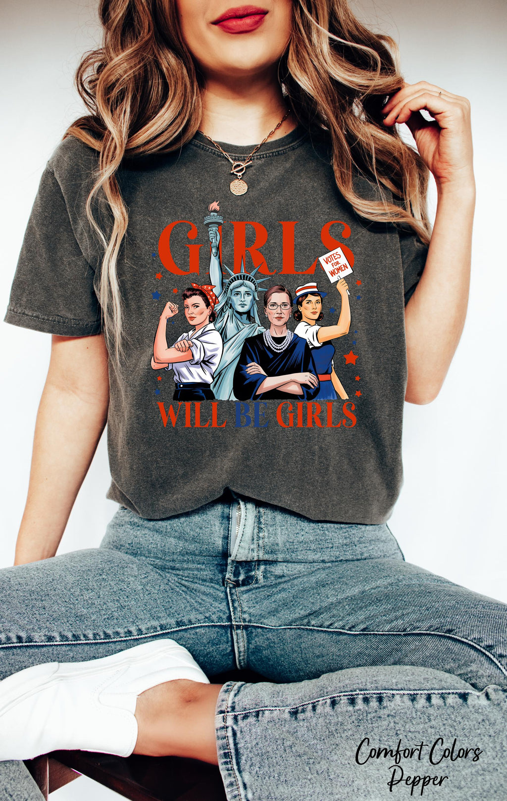 Girls Will Be Girls Shirt, Patriotic Feminist 4th of July Kids Tee, American Girl Tee, USA Flag Shirt, Strong American Women TShirt