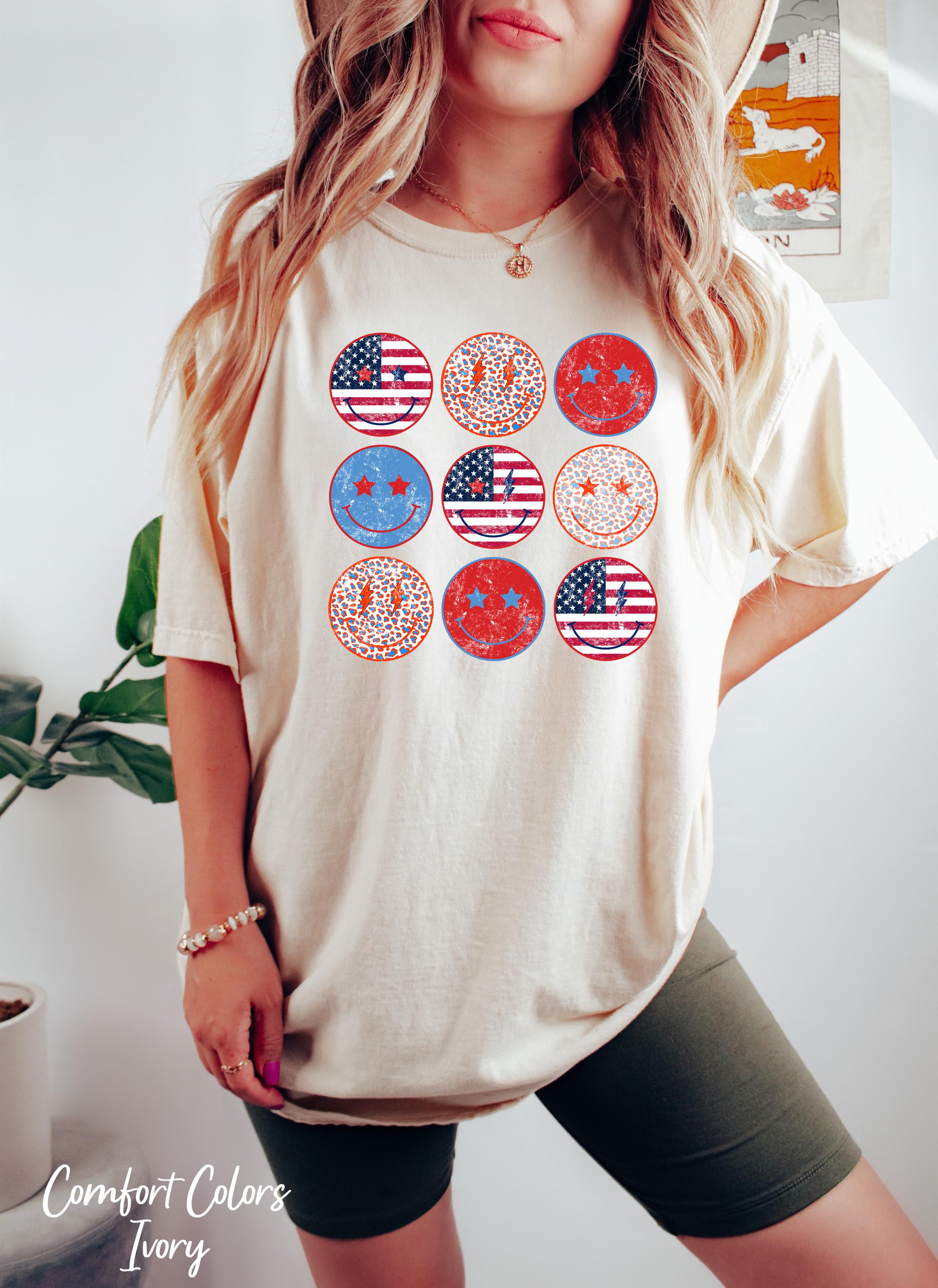 Smiley Face Shirt, USA Flag Shirt, Red White and Blue Checkered Shirt, 4th Of July Shirt, Patriotic Shirt, American Flag Shirt, July 4 Tee