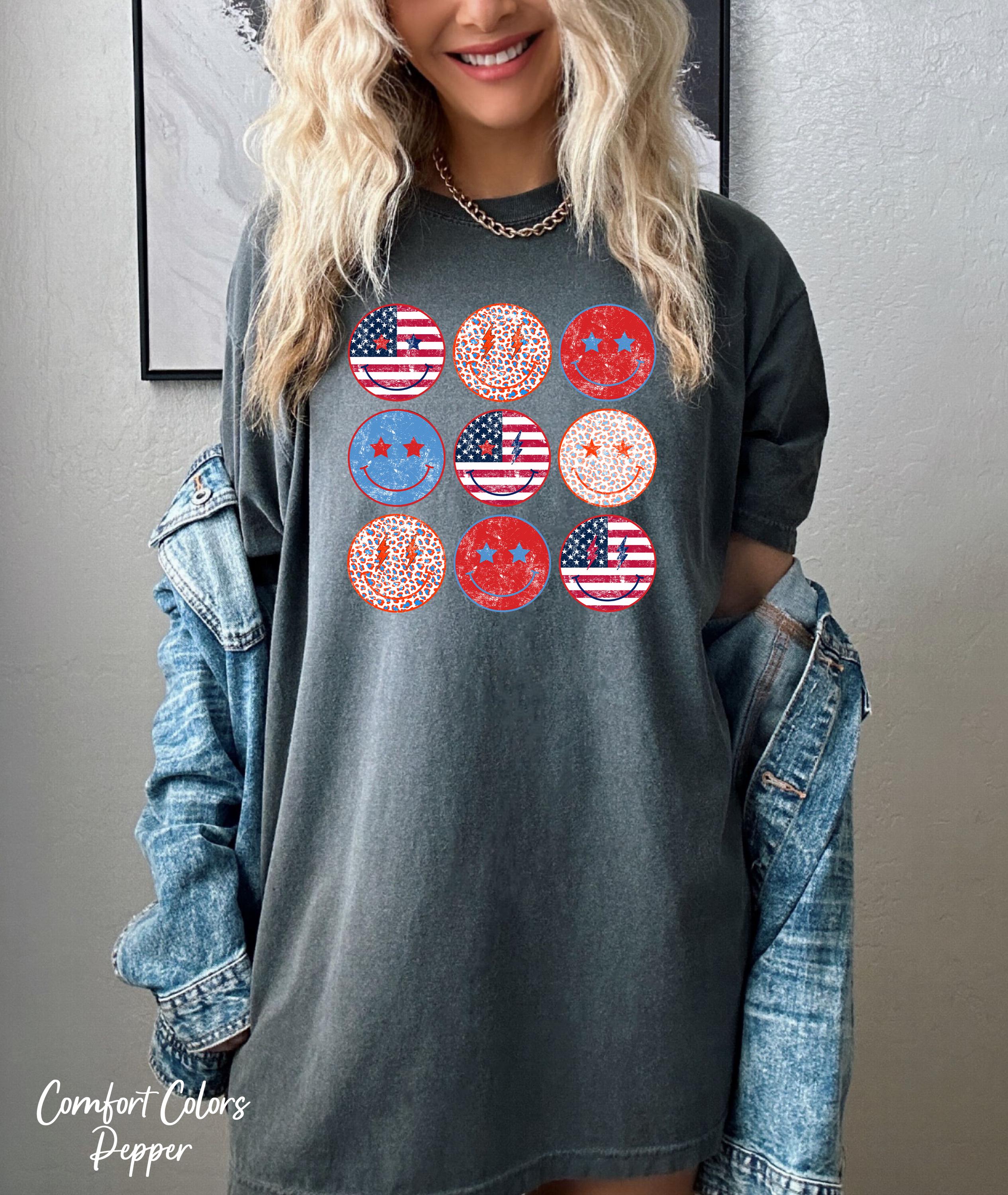 Smiley Face Shirt, USA Flag Shirt, Red White and Blue Checkered Shirt, 4th Of July Shirt, Patriotic Shirt, American Flag Shirt, July 4 Tee