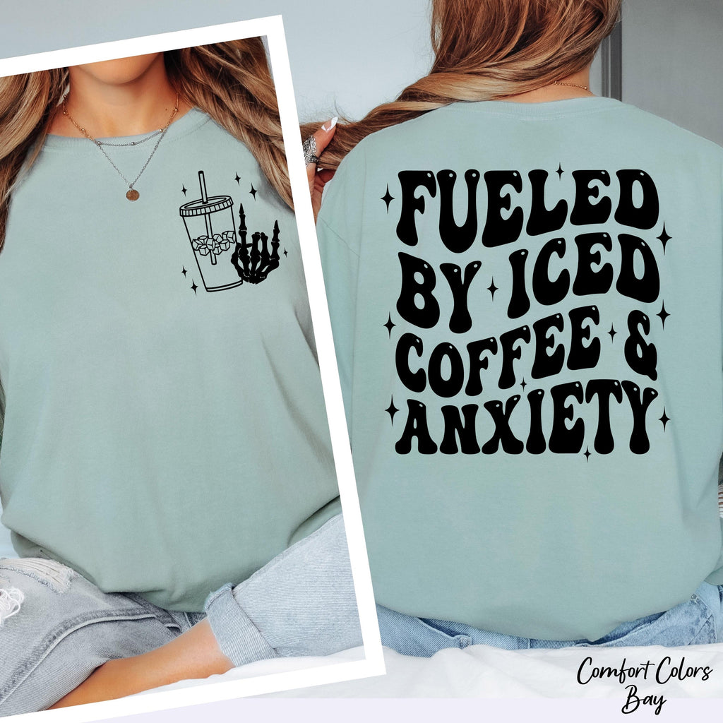Fueled By Iced Coffee And Anxiety Shirt, Funny Mental Health Shirt,Coffee Lover Anxiety Shirt,Skellington Coffee Shirt,Gift for Coffee Lover