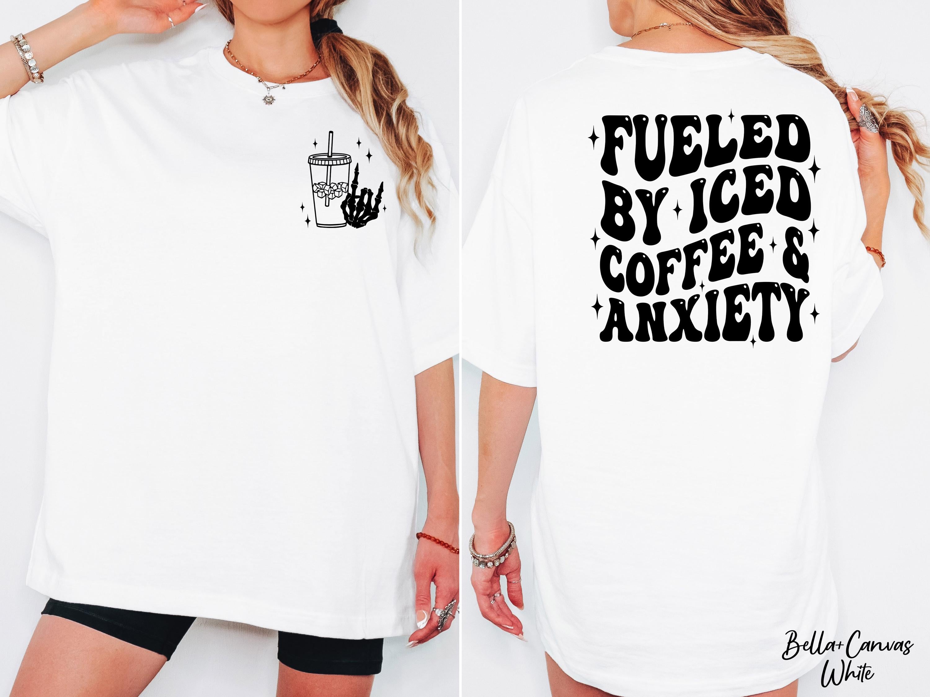 Fueled By Iced Coffee And Anxiety Shirt, Funny Mental Health Shirt,Coffee Lover Anxiety Shirt,Skellington Coffee Shirt,Gift for Coffee Lover