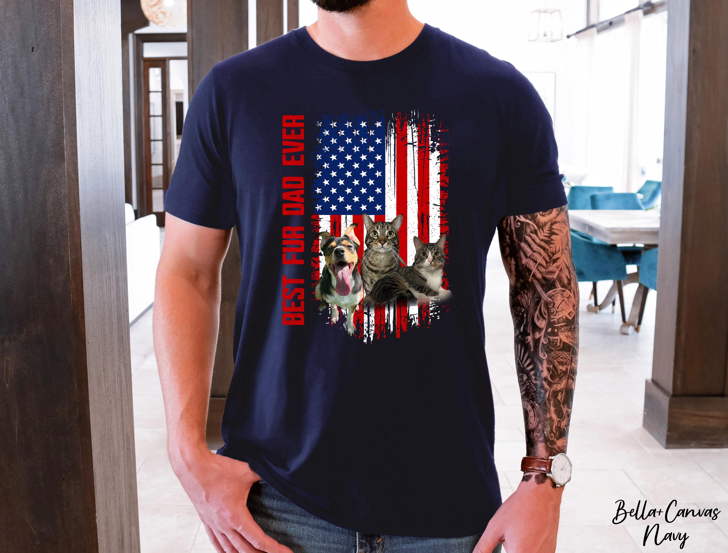 Best Fur Dad Ever Shirt, Personalized Custom Pet Face Photo Picture, Fathers Day Gift for Pet Dad, Animal Lover Shirt, American Flag Shirt