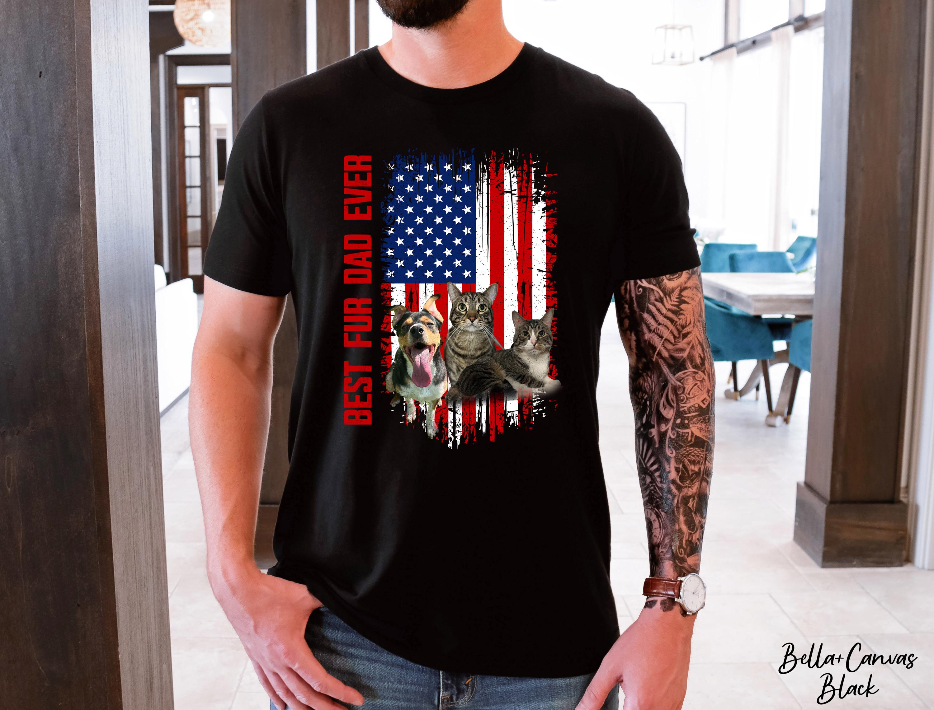 Best Fur Dad Ever Shirt, Personalized Custom Pet Face Photo Picture, Fathers Day Gift for Pet Dad, Animal Lover Shirt, American Flag Shirt