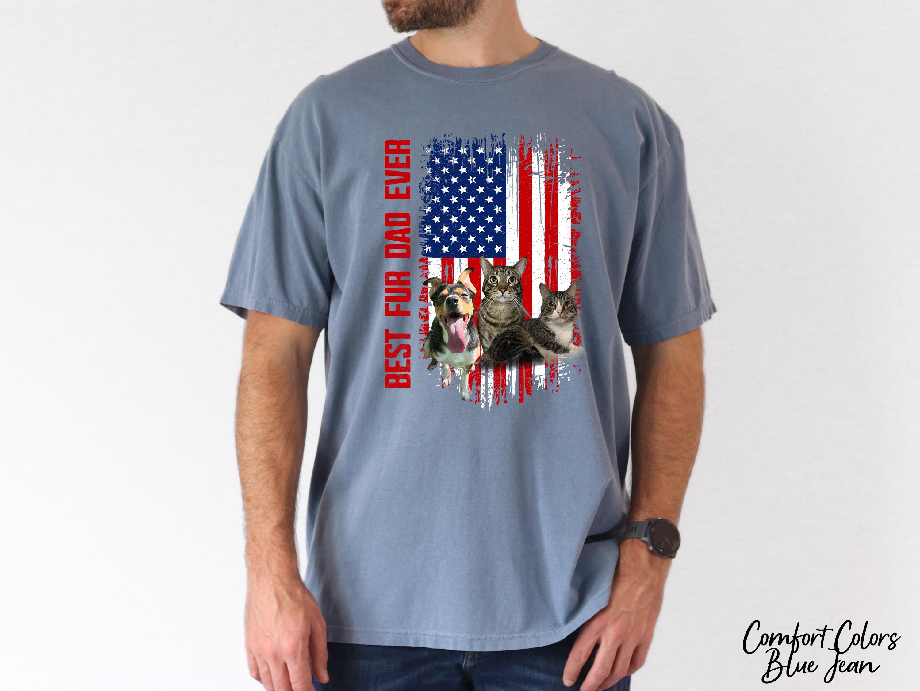 Best Fur Dad Ever Shirt, Personalized Custom Pet Face Photo Picture, Fathers Day Gift for Pet Dad, Animal Lover Shirt, American Flag Shirt