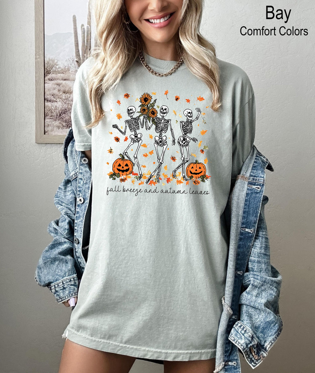 Halloween Skeleton Shirt, Dancing Skeleton and Pumpkin Shirt, Pumpkin Halloween Tee, Halloween Skeleton Tee, Fall Season Shirt, Fall Tee