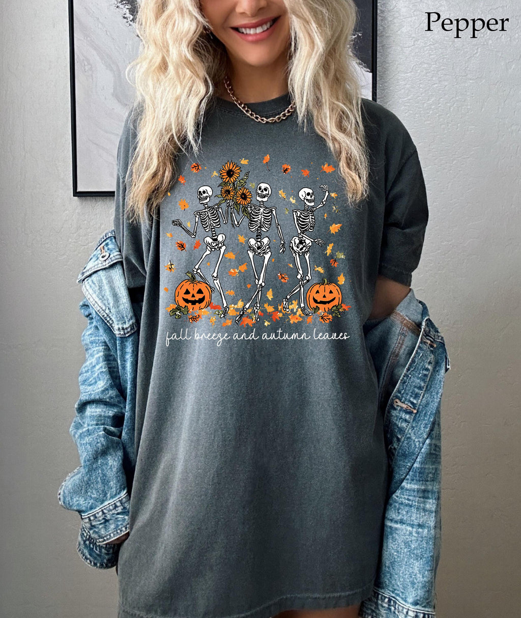 Halloween Skeleton Shirt, Dancing Skeleton and Pumpkin Shirt, Pumpkin Halloween Tee, Halloween Skeleton Tee, Fall Season Shirt, Fall Tee