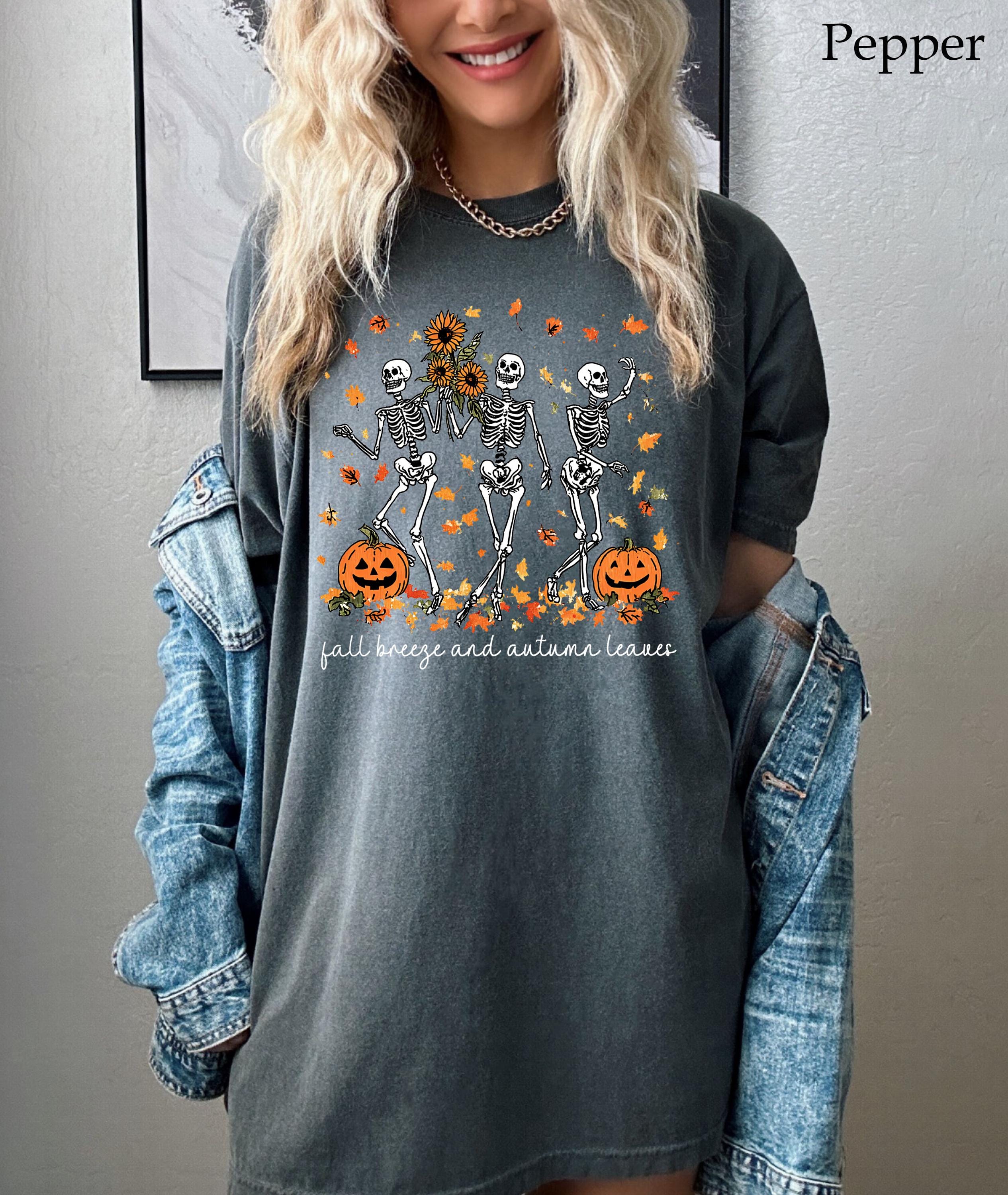 Halloween Skeleton Shirt, Dancing Skeleton and Pumpkin Shirt, Pumpkin Halloween Tee, Halloween Skeleton Tee, Fall Season Shirt, Fall Tee