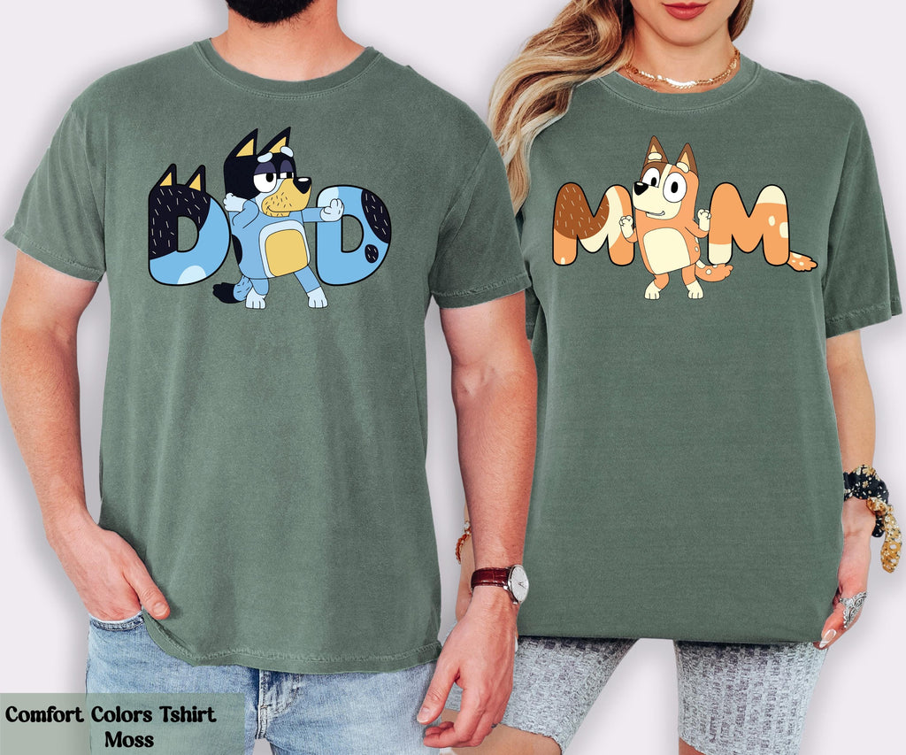 Bluey Matching Couple Shirt, Bluey Dad Shirt, Bluey Mom Shirt, Birthday Party Shirt, Funny Dad Shirts, Cute Mom Tee, Mom Dad Cartoon Shirt