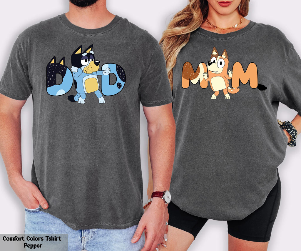 Bluey Matching Couple Shirt, Bluey Dad Shirt, Bluey Mom Shirt, Birthday Party Shirt, Funny Dad Shirts, Cute Mom Tee, Mom Dad Cartoon Shirt