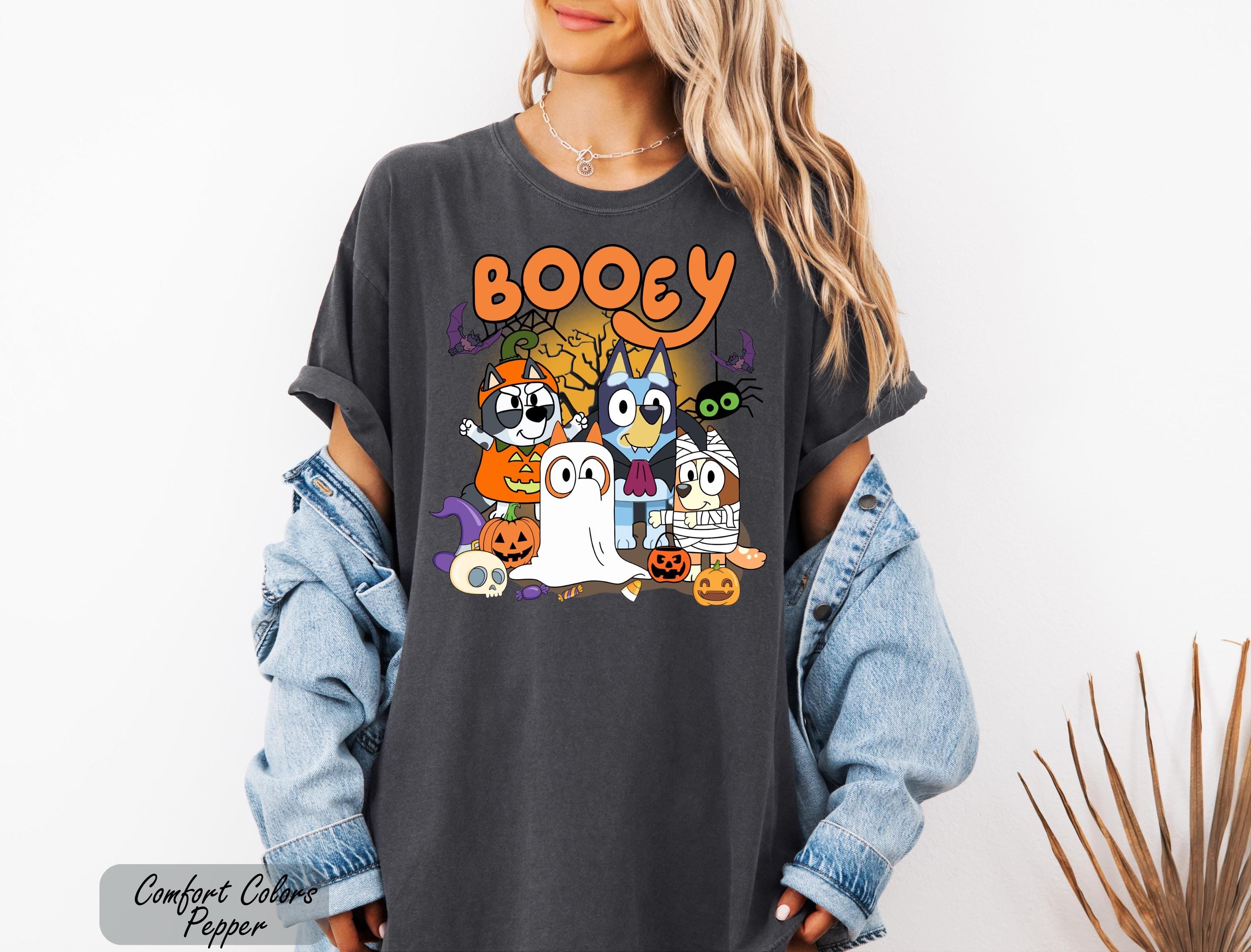 Bluey Halloween Shirt, Spooky Vibes Shirt, Bluey Cartoon Shirt, Witchy Bats Shirt, Bluey and Bingo Trick or Treat Shirt, Blue Dog Ghost Tee