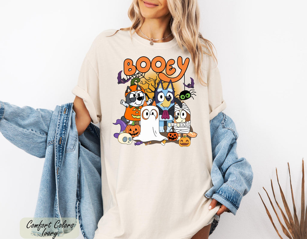 Bluey Halloween Shirt, Spooky Vibes Shirt, Bluey Cartoon Shirt, Witchy Bats Shirt, Bluey and Bingo Trick or Treat Shirt, Blue Dog Ghost Tee