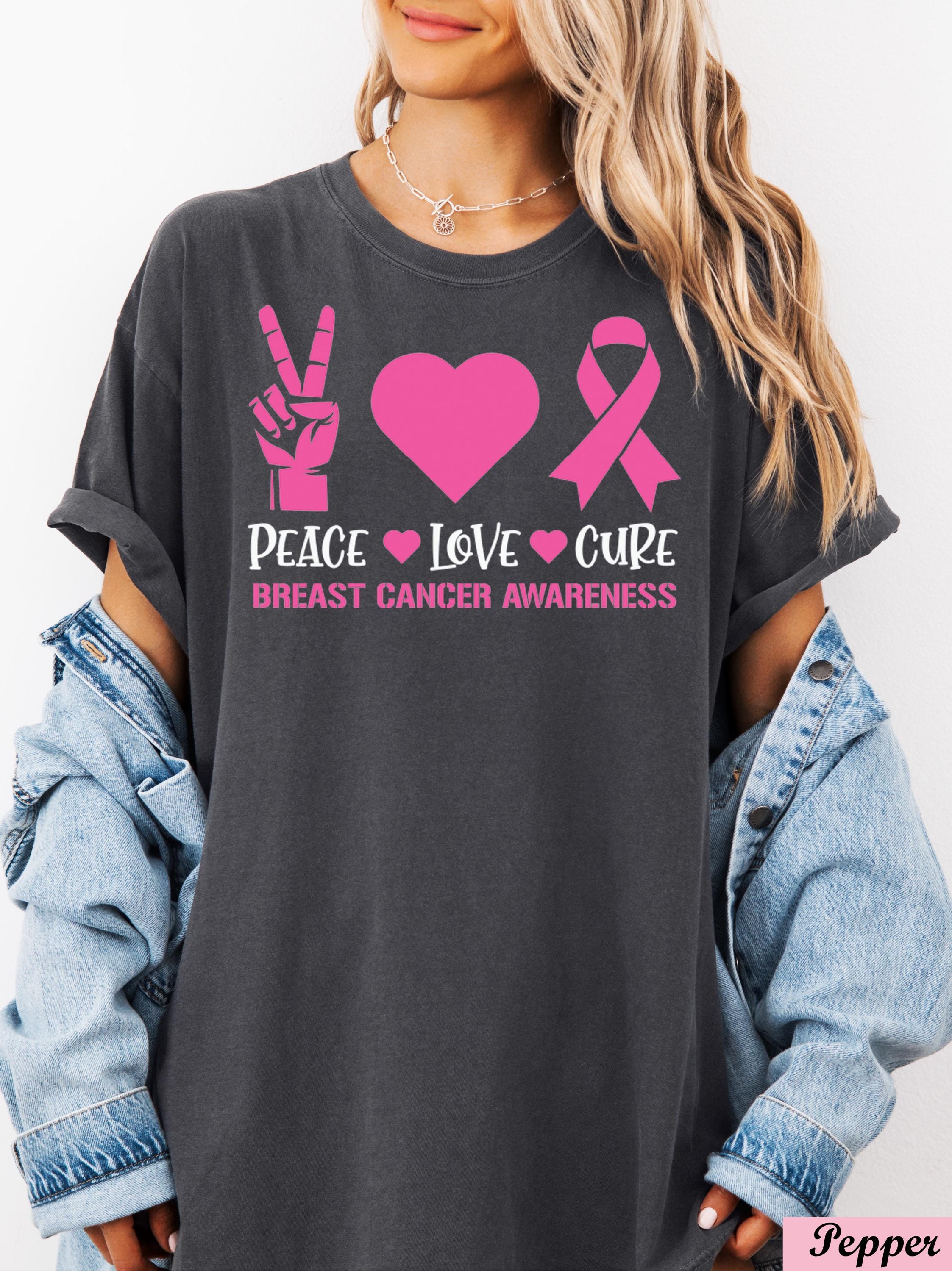 Peace Love Cure Breast Cancer Shirt,Breast Cancer Awareness Shirt,Pink Ribbon Cancer Support Tee,Pink Heart cancer Team Tee.Cancer Month