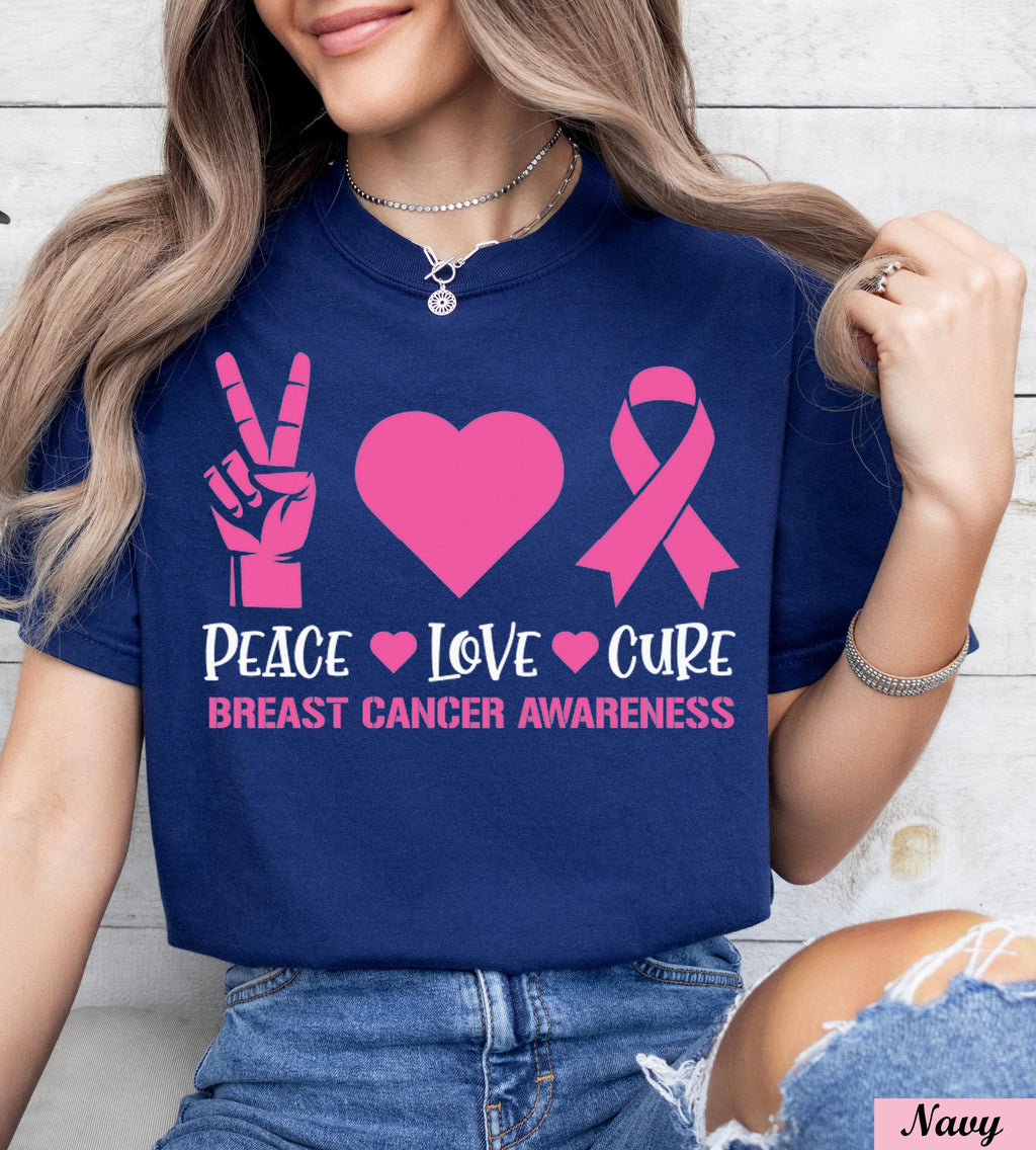 Peace Love Cure Breast Cancer Shirt,Breast Cancer Awareness Shirt,Pink Ribbon Cancer Support Tee,Pink Heart cancer Team Tee.Cancer Month