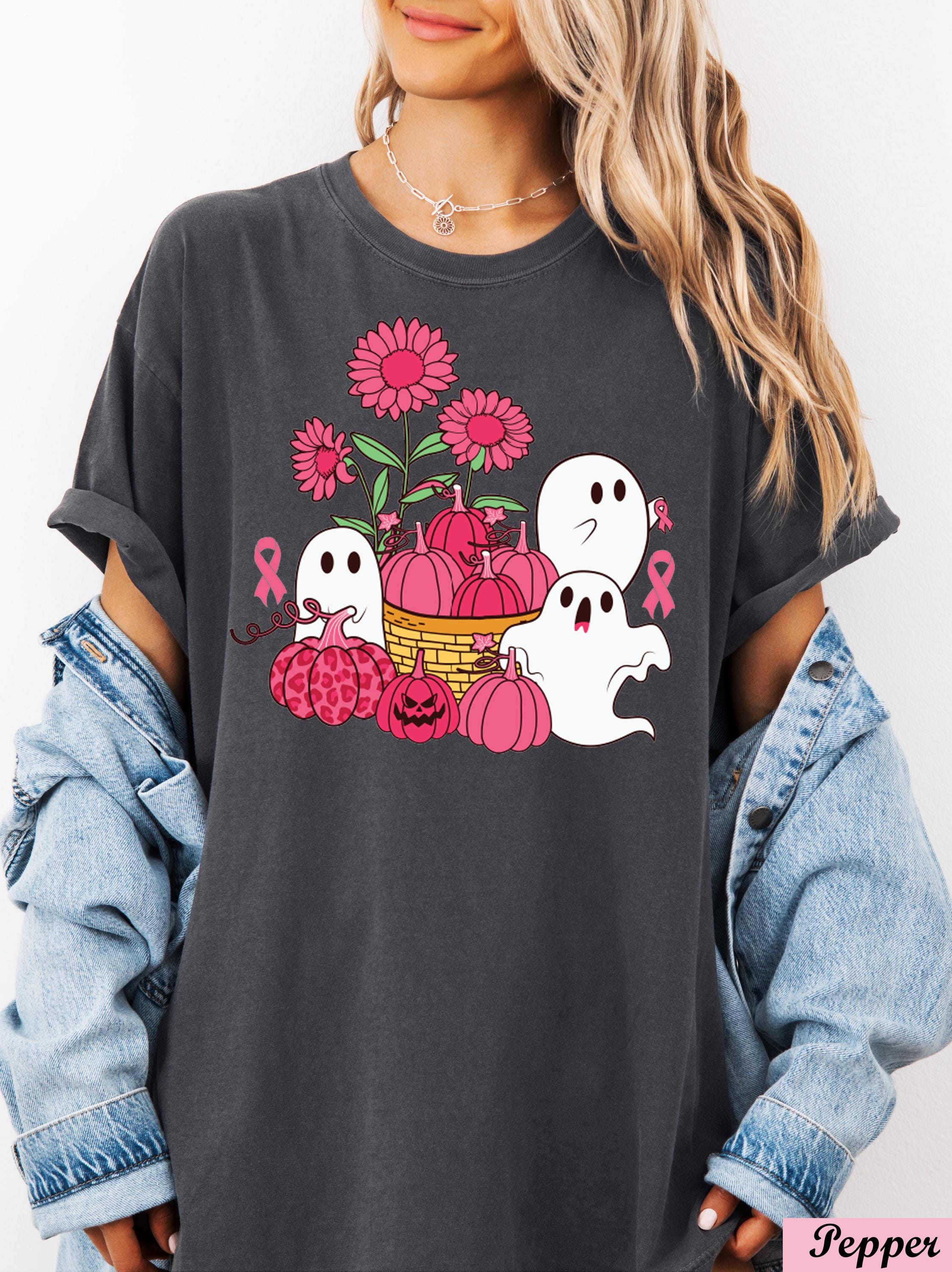 Pink Pumpkin Ghost Breast Cancer Shirt,Pink Flowers Cancer Support Tee,Breast Cancer Halloween Ghost,Breast Cancer Month,Cancer Awareness