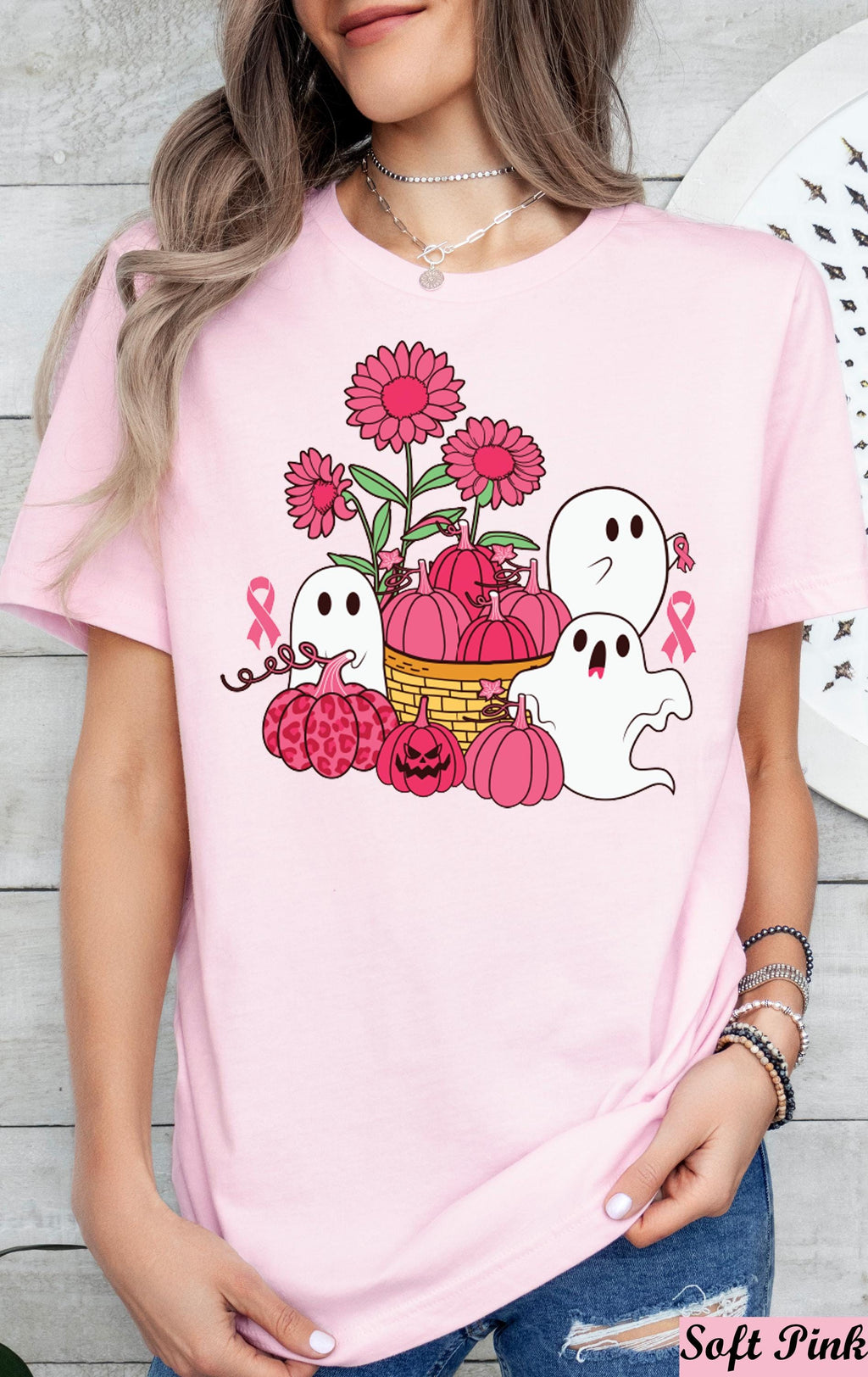 Pink Pumpkin Ghost Breast Cancer Shirt,Pink Flowers Cancer Support Tee,Breast Cancer Halloween Ghost,Breast Cancer Month,Cancer Awareness