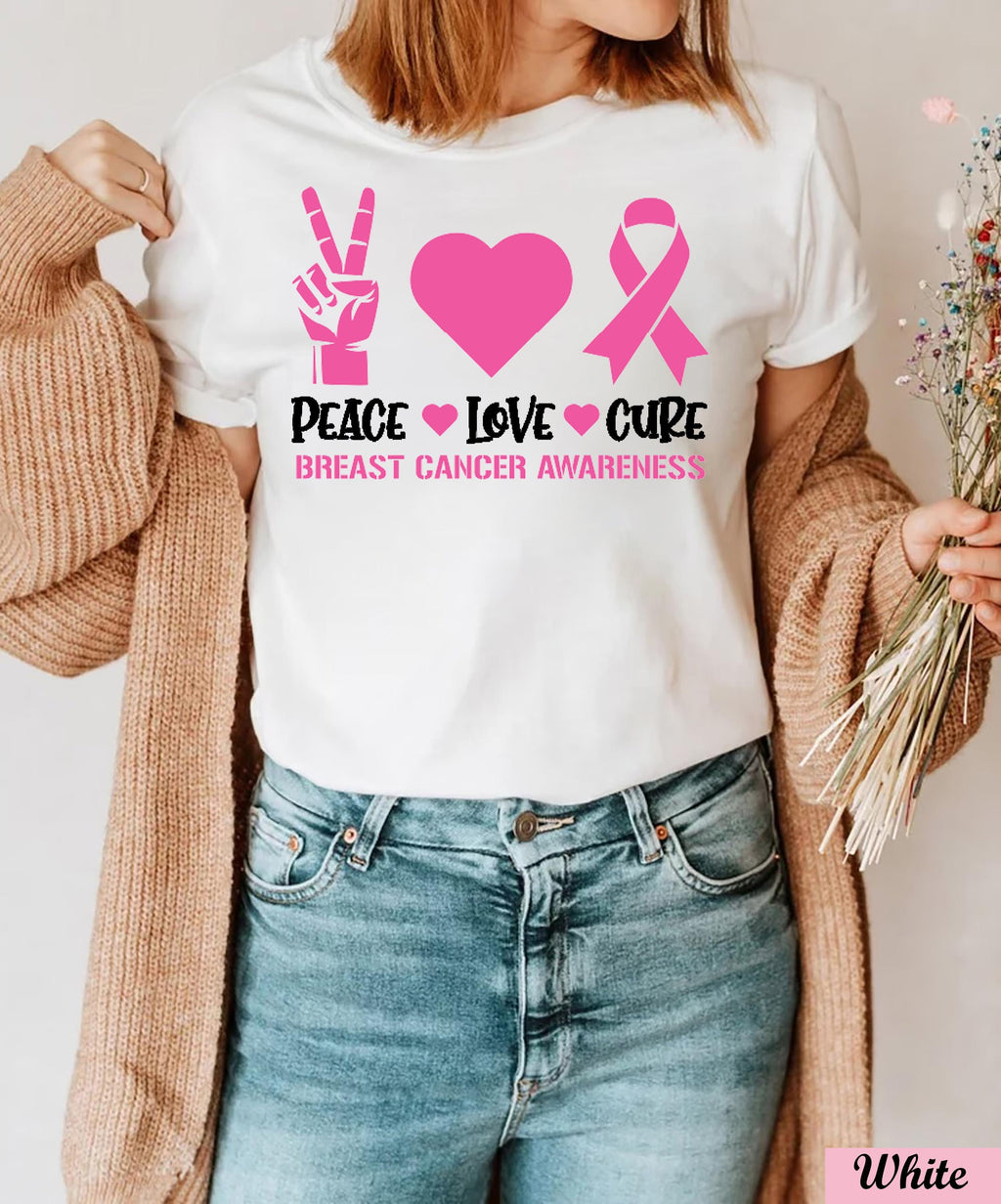 Peace Love Cure Breast Cancer Shirt,Breast Cancer Awareness Shirt,Pink Ribbon Cancer Support Tee,Pink Heart cancer Team Tee.Cancer Month