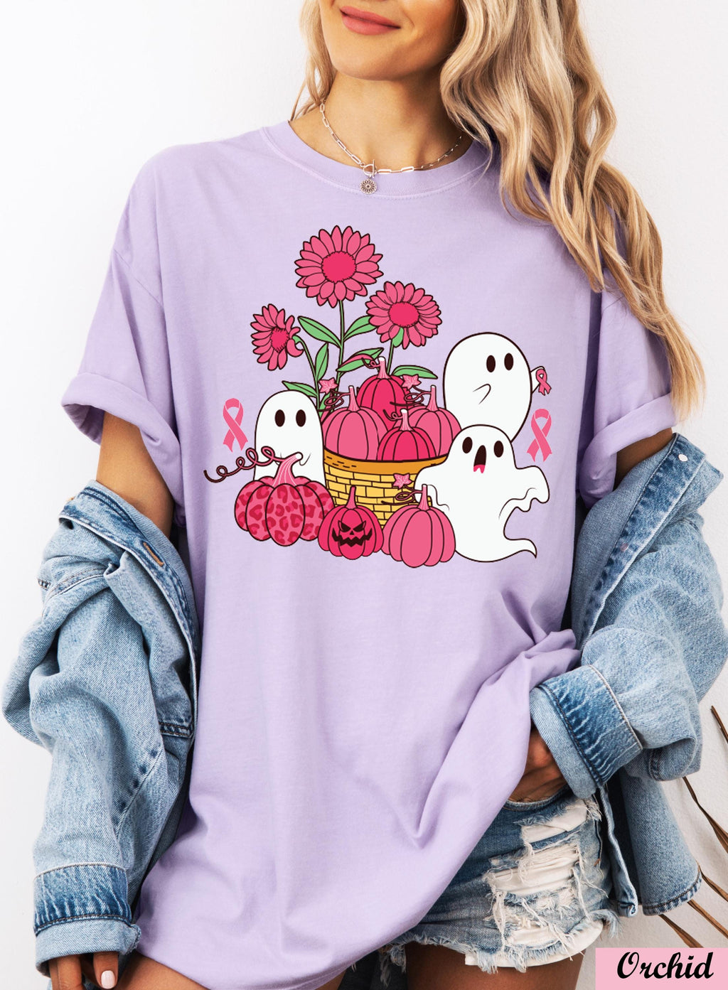 Pink Pumpkin Ghost Breast Cancer Shirt,Pink Flowers Cancer Support Tee,Breast Cancer Halloween Ghost,Breast Cancer Month,Cancer Awareness