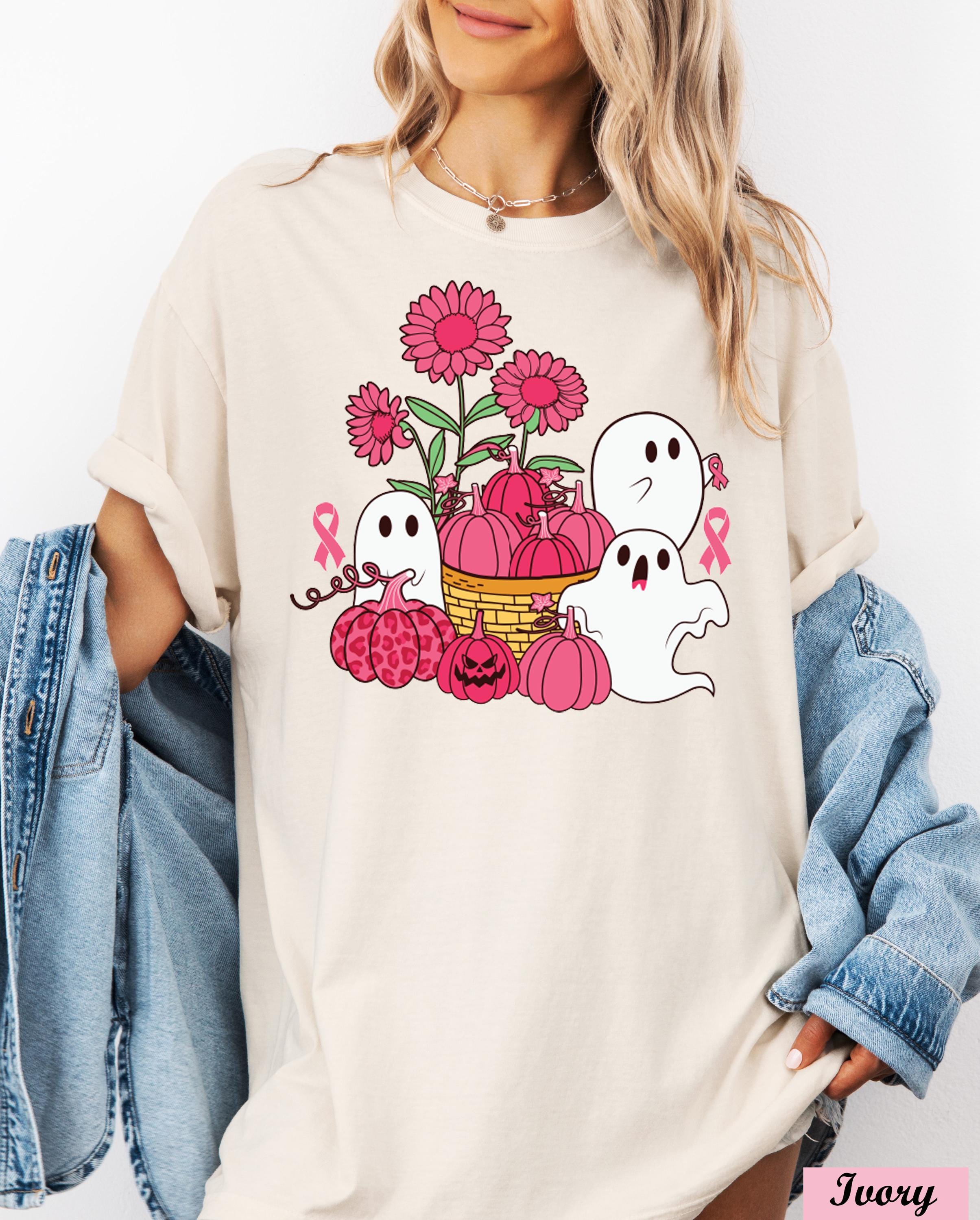 Pink Pumpkin Ghost Breast Cancer Shirt,Pink Flowers Cancer Support Tee,Breast Cancer Halloween Ghost,Breast Cancer Month,Cancer Awareness