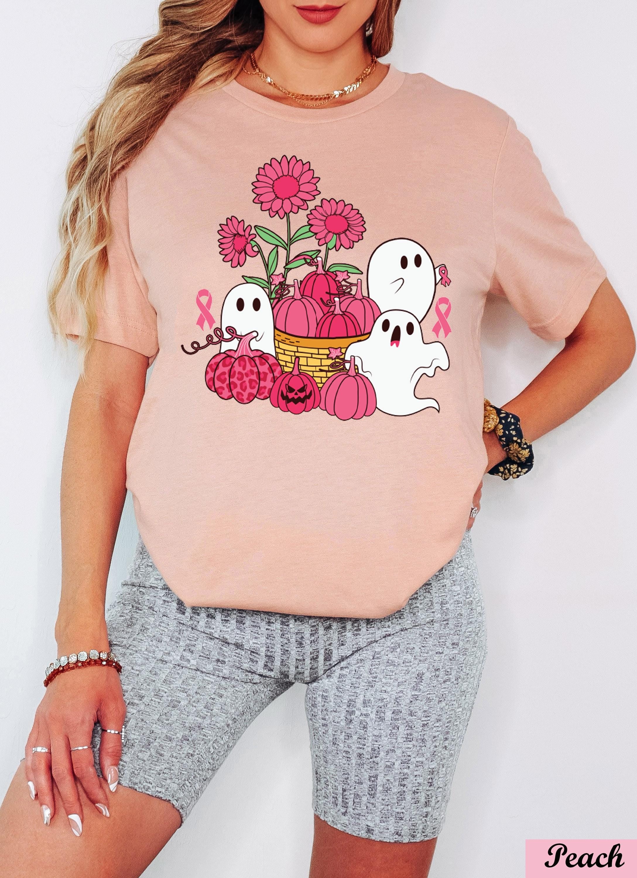 Pink Pumpkin Ghost Breast Cancer Shirt,Pink Flowers Cancer Support Tee,Breast Cancer Halloween Ghost,Breast Cancer Month,Cancer Awareness