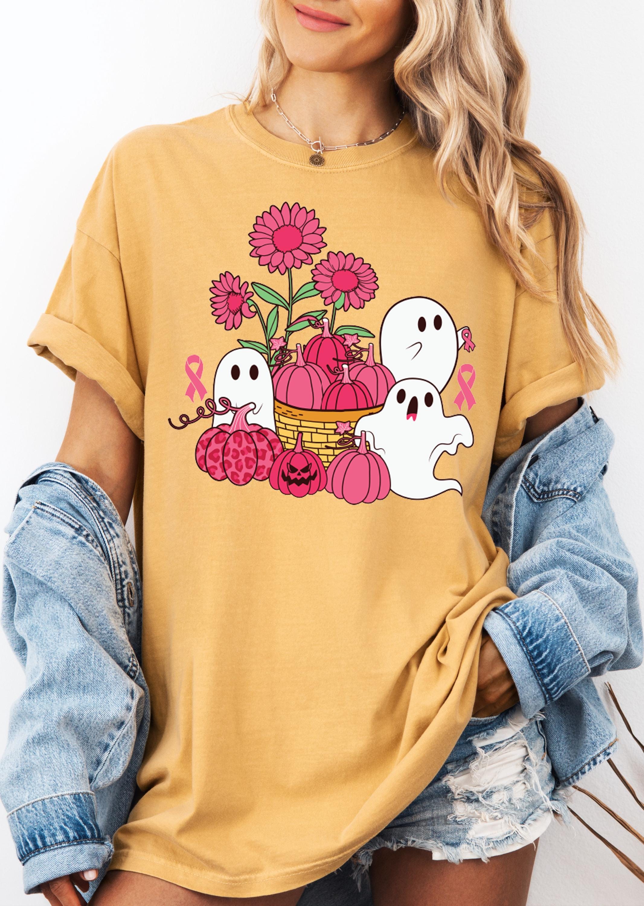 Pink Pumpkin Ghost Breast Cancer Shirt,Pink Flowers Cancer Support Tee,Breast Cancer Halloween Ghost,Breast Cancer Month,Cancer Awareness