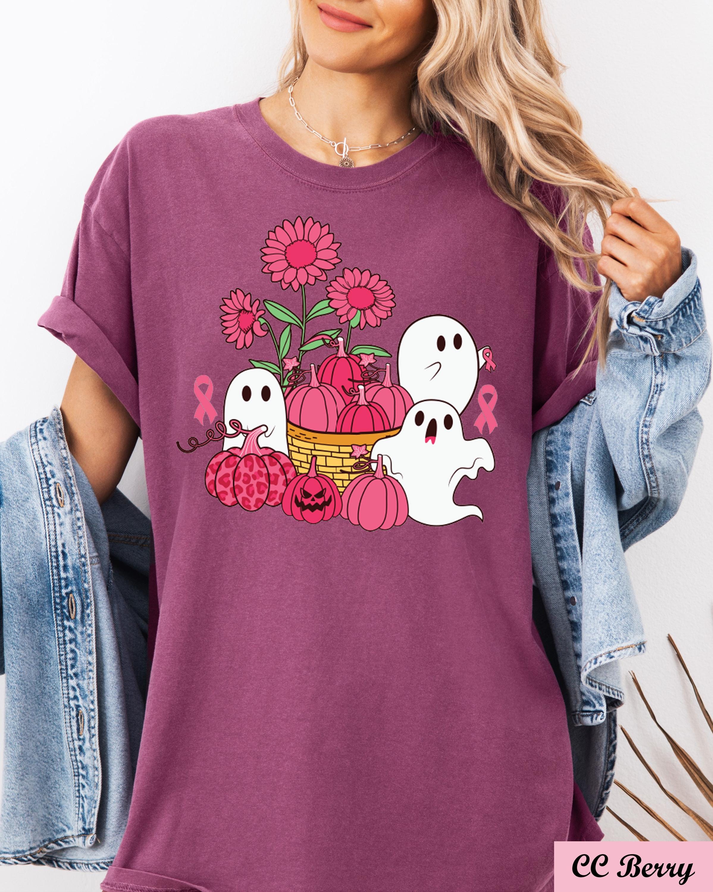 Pink Pumpkin Ghost Breast Cancer Shirt,Pink Flowers Cancer Support Tee,Breast Cancer Halloween Ghost,Breast Cancer Month,Cancer Awareness