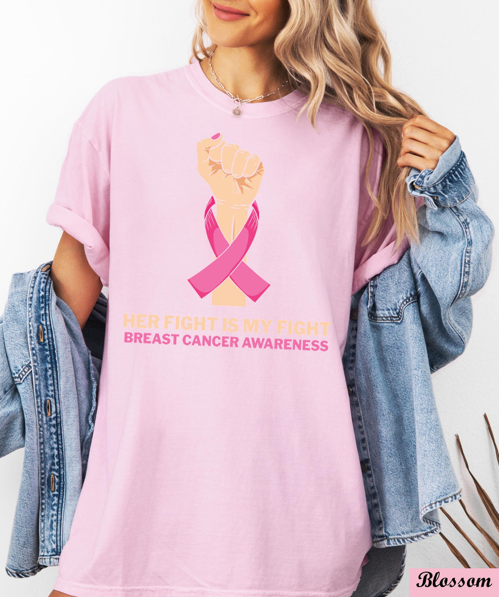 Her Fight is My Fights Breast Cancer Awareness Shirt,Family Cancer Shirt, Cancer Support,Breast Cancer Survivor,Raised Fist Cancer Shirt