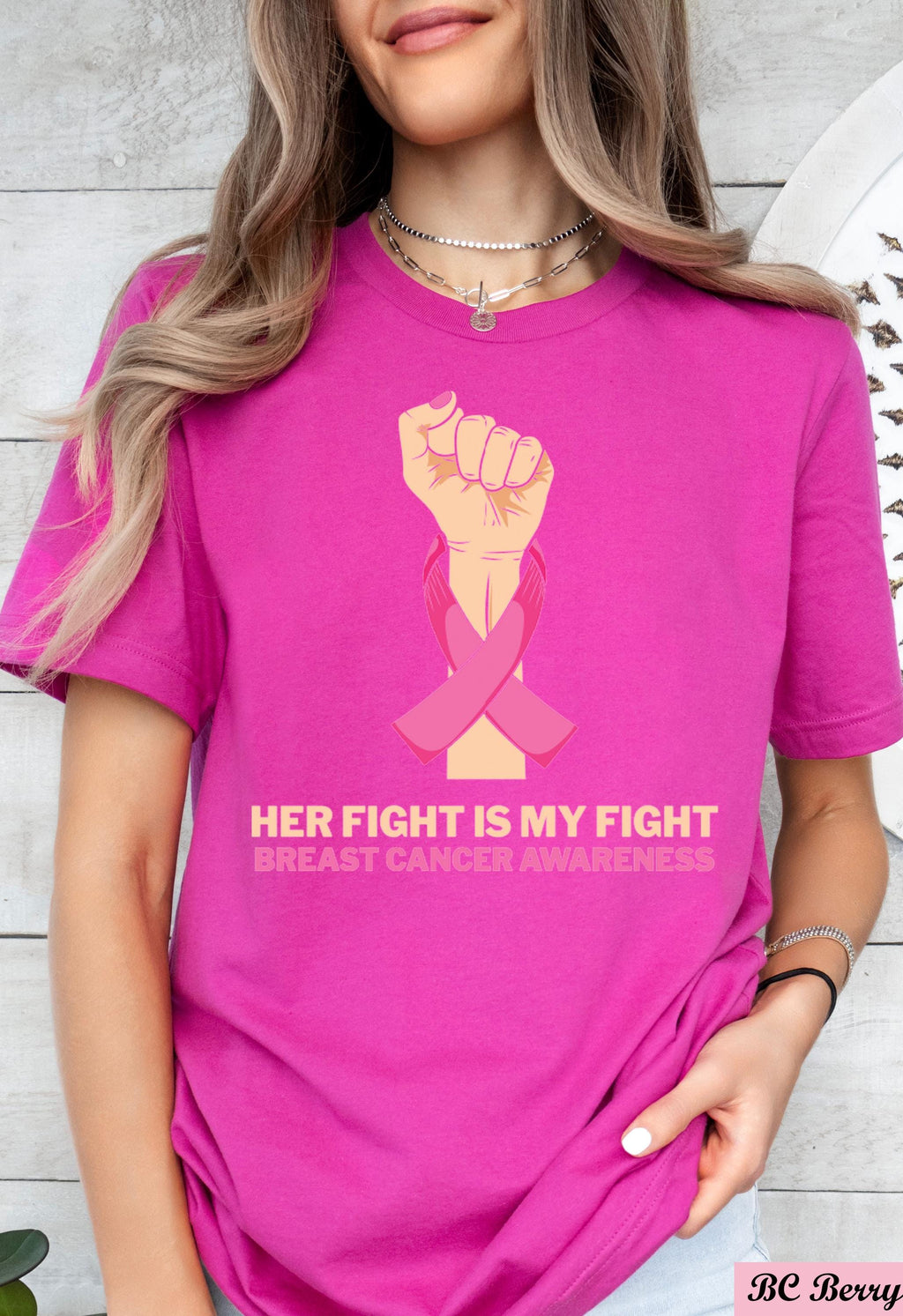 Her Fight is My Fights Breast Cancer Awareness Shirt,Family Cancer Shirt, Cancer Support,Breast Cancer Survivor,Raised Fist Cancer Shirt