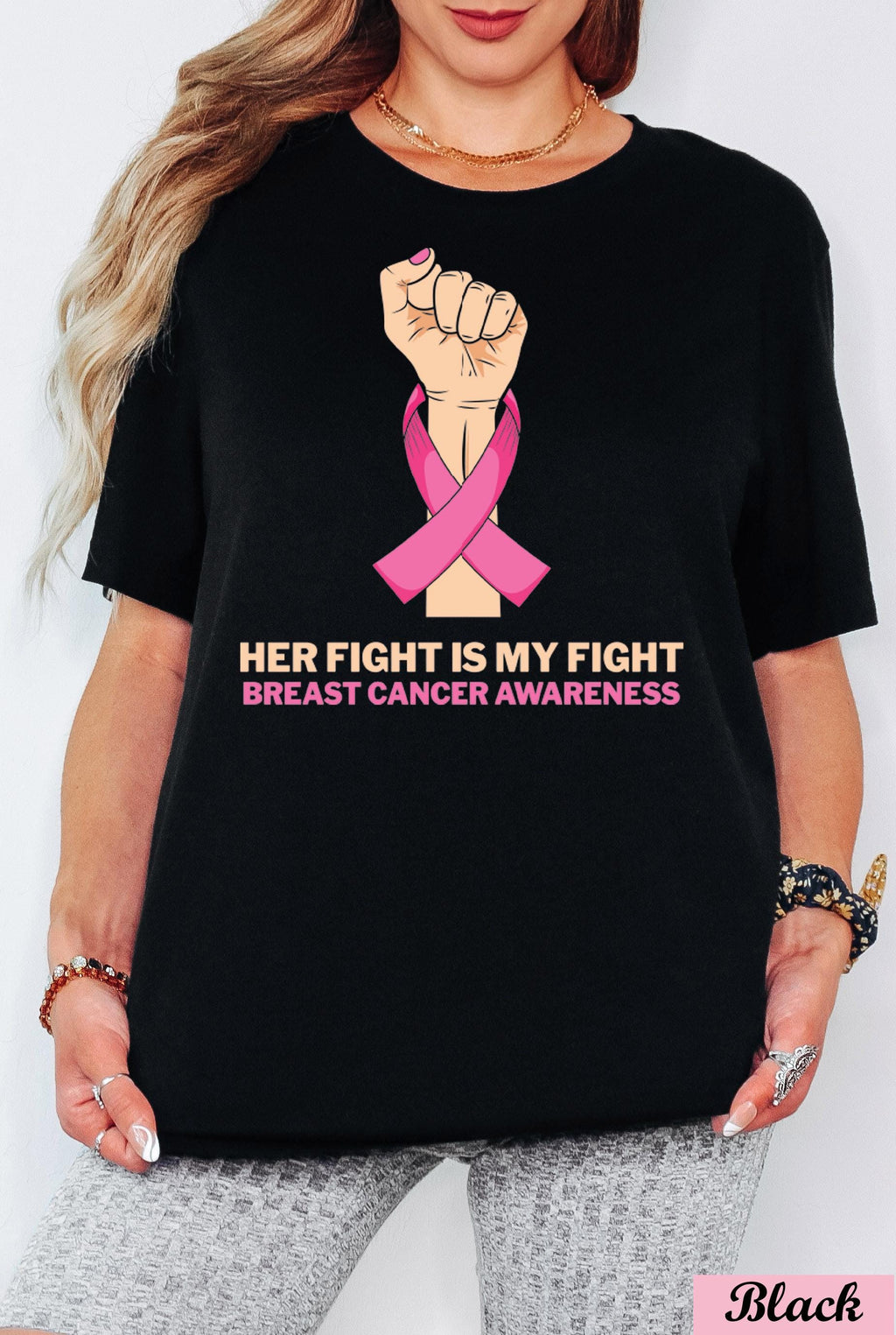 Her Fight is My Fights Breast Cancer Awareness Shirt,Family Cancer Shirt, Cancer Support,Breast Cancer Survivor,Raised Fist Cancer Shirt