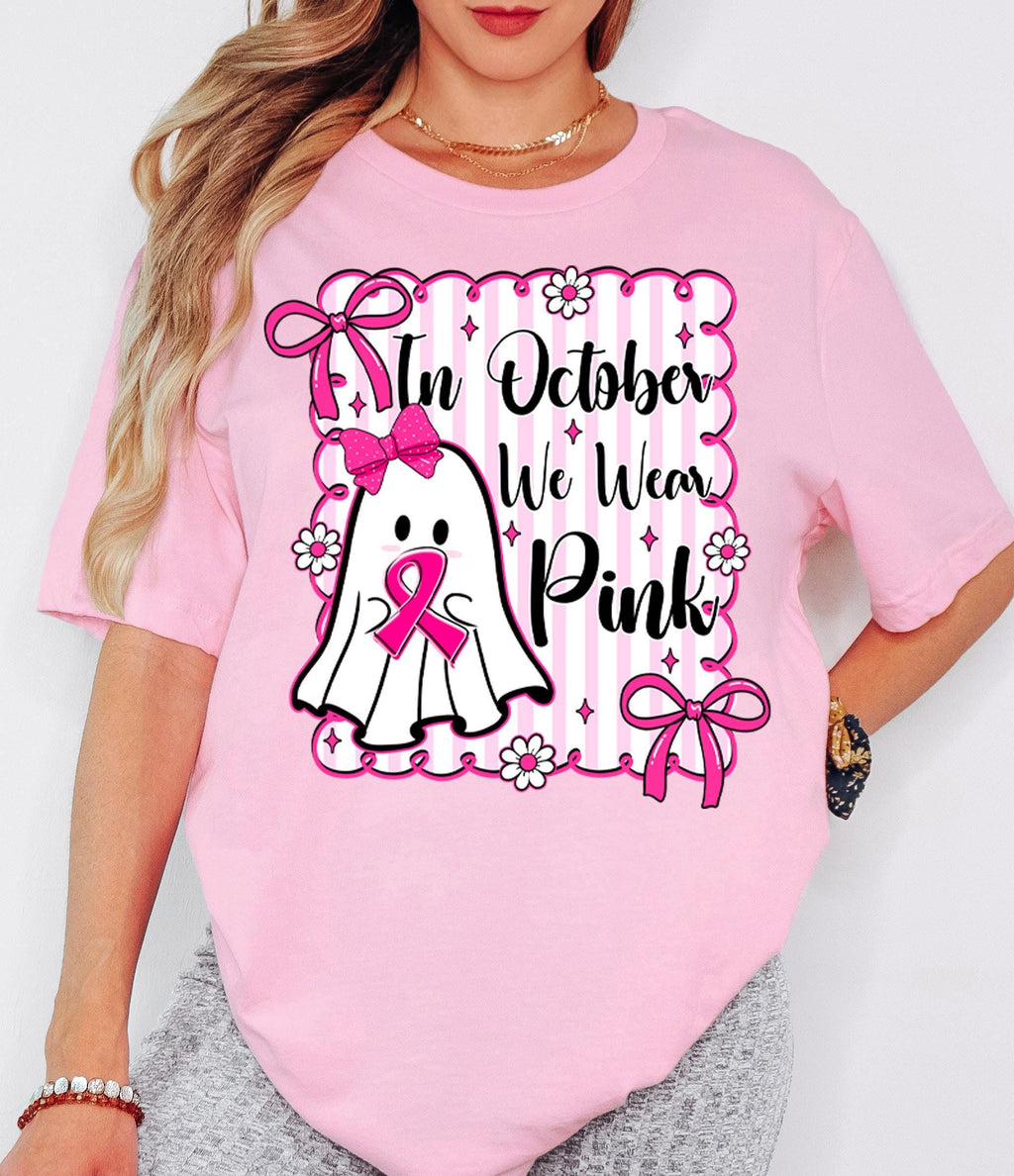 In October We Wear Pink Halloween Shirt,Breast Cancer Ghost T-Shirt, Pink Ribbon Cancer Support Halloween Tee, Stronger Than Cancer Shirt